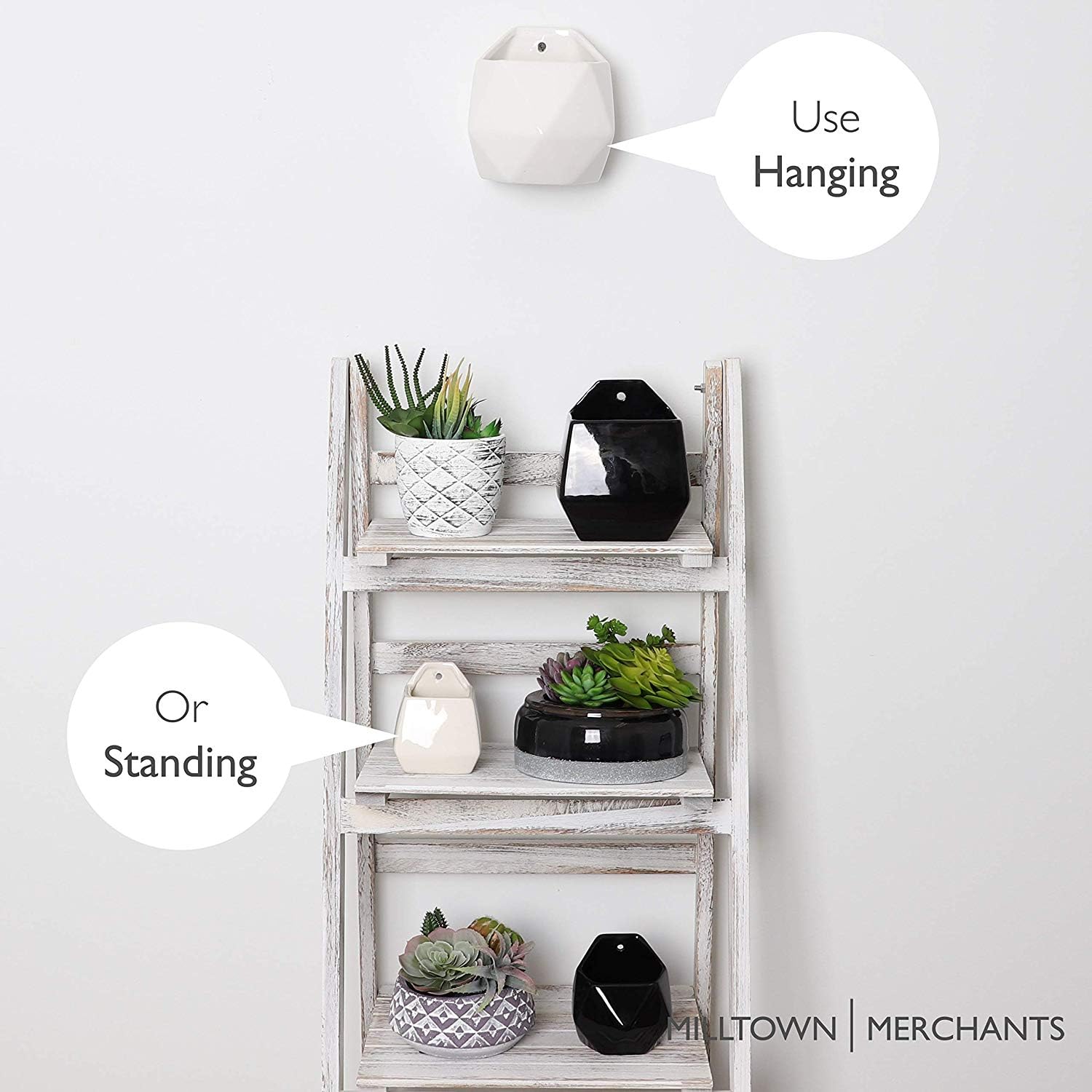 Milltown Merchants White Ceramic Geometric Wall Planters - 2 Pack Hanging Vases for Succulents & Air Plants | Perfect for Home Decor, Office Spaces & Vertical Gardens | Wall Mounted Plant Pots for Living Walls & Indoor Greenery