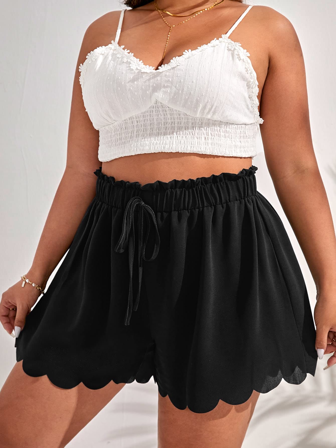 MakeMeChic Women's Plus Size Elastic Waist Scallop Trim Flowy Wide Leg Shorts | Comfortable Summer Casual Shorts for Beach, Vacation & Everyday Wear