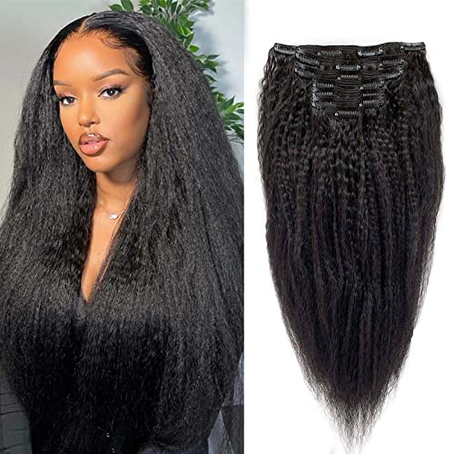 Kinky Straight Clip in Hair Extensions for Black Women - 20 Inch Real Human Hair, 120g 7pcs Double Weft Full Head - Perfect for Daily Styling, Special Occasions & Protective Hairstyles