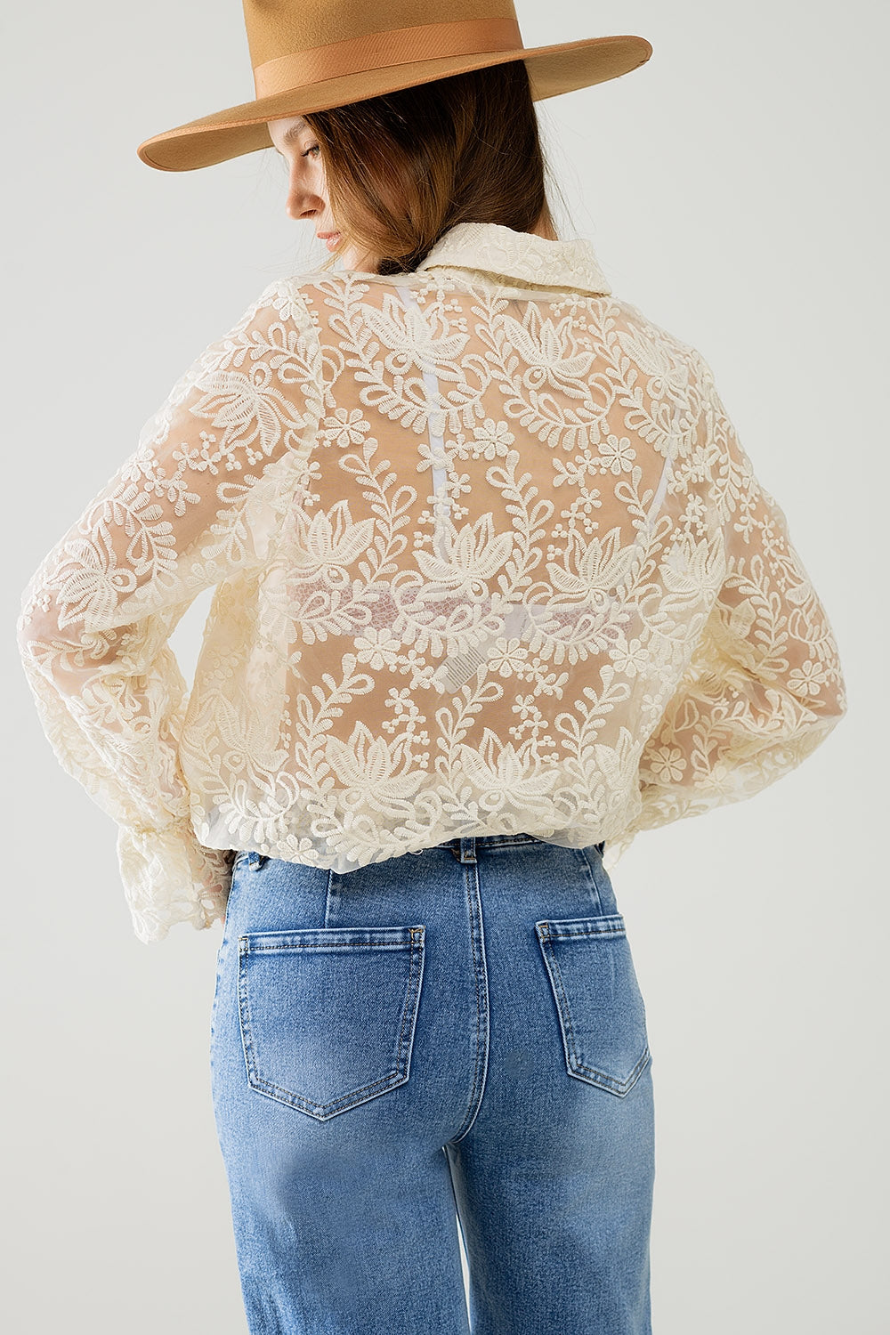 Elegant Beige Lace Romantic Blouse with Puff Sleeves - Perfect for Date Nights & Special Occasions