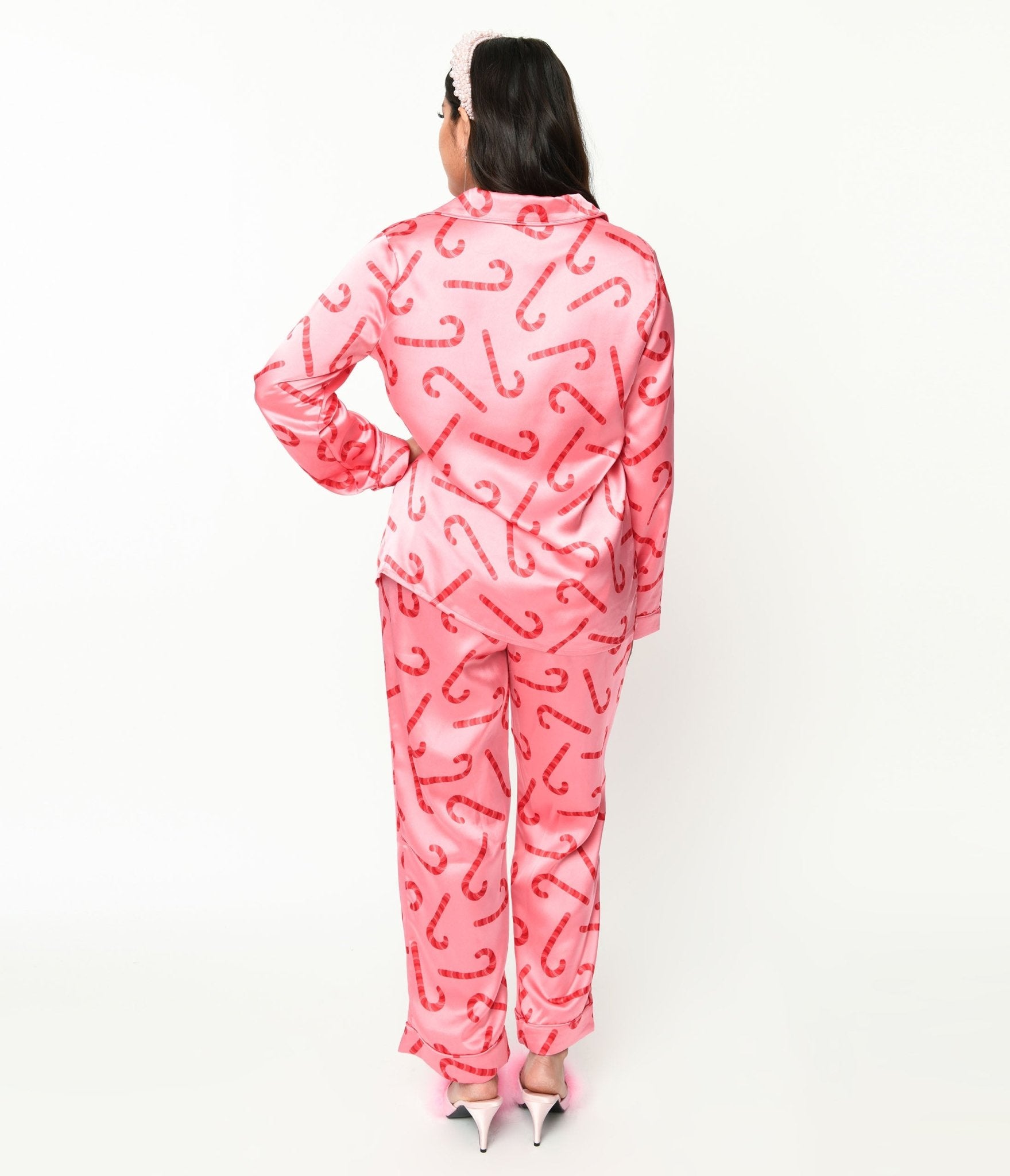 **Pink Candy Cane Satin Pajama Set for Women - Soft Christmas Sleepwear, Holiday Loungewear - Perfect for Cozy Nights & Festive Gatherings**
