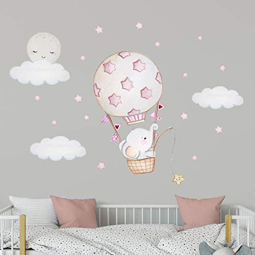 Elephant Nursery Wall Decal - Moon & Hot Air Balloon Decor for Girls - Pink Elephant Sticker with Stars - Perfect for Baby Room, Kids Bedroom & Playroom Decor
