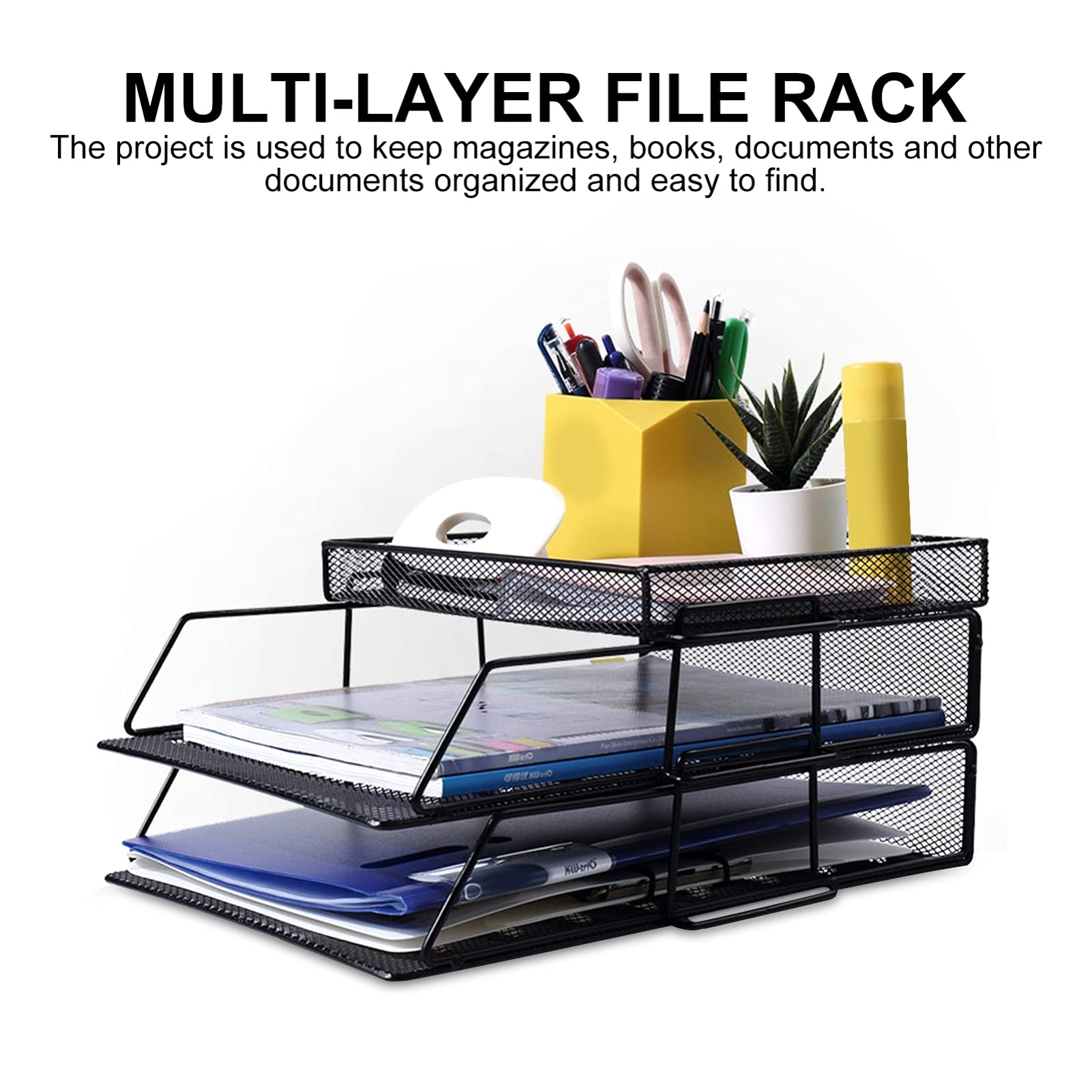 NUOBESTY 3-Tier Mesh Desk Organizer - Black Vertical Stackable File Tray for Documents, Letters & Office Supplies | Perfect for Home Office, School & Workspace Organization