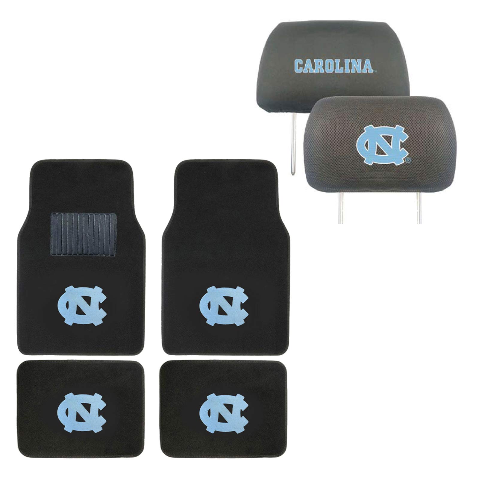 Officially Licensed AAC FanMats NCAA North Carolina Tar Heels Carpet Floor Mats & Headrests Bundle (6-Piece Set) - Perfect for Game Day Decor, Dorm Room Essentials & Tar Heels Fan Gifts