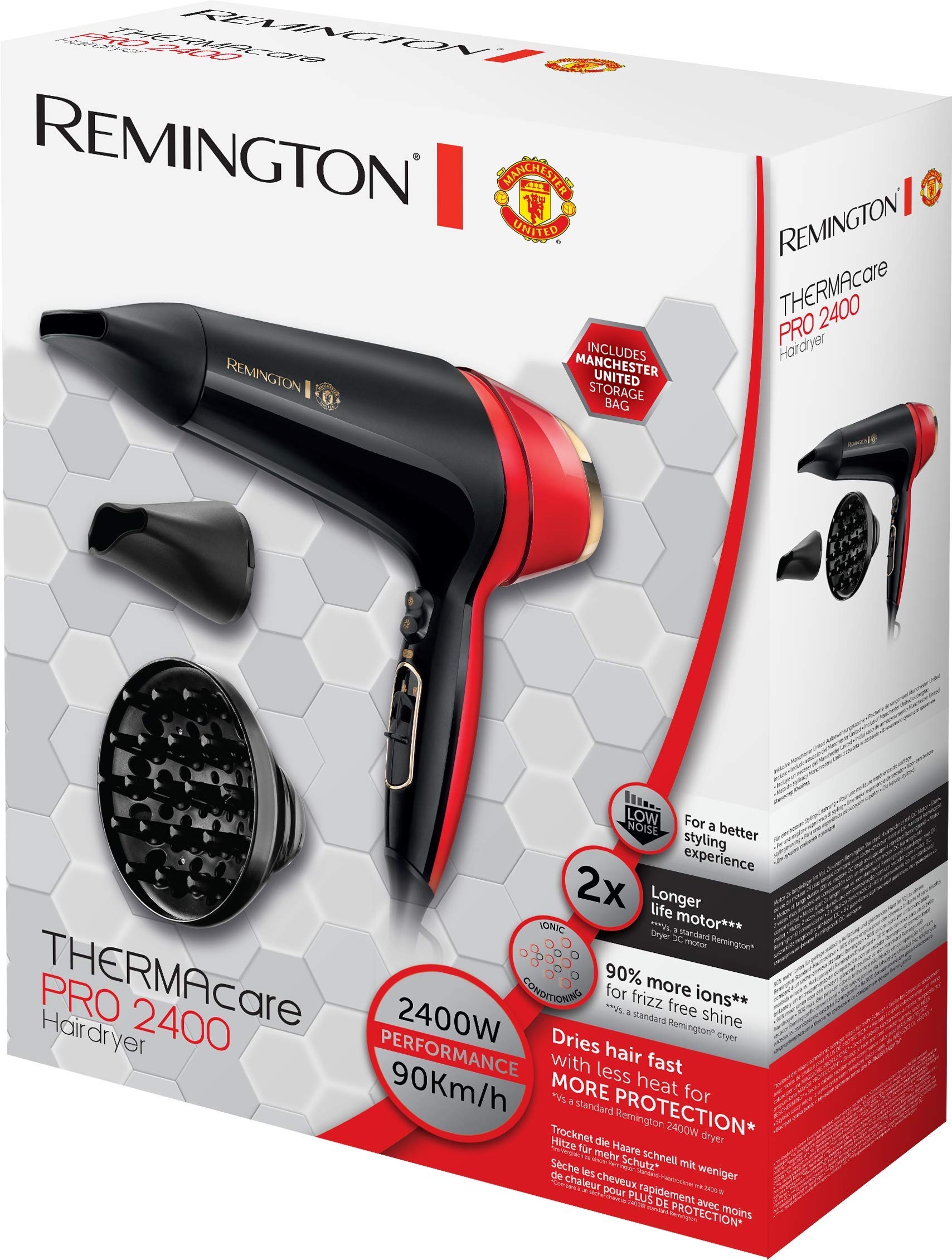 Remington Manchester United Thermacare Pro 2400 Ionic Hair Dryer with Adjustable Heat & Speed Settings | Includes Storage Bag | Perfect for Home Use, Travel & Salon Styling