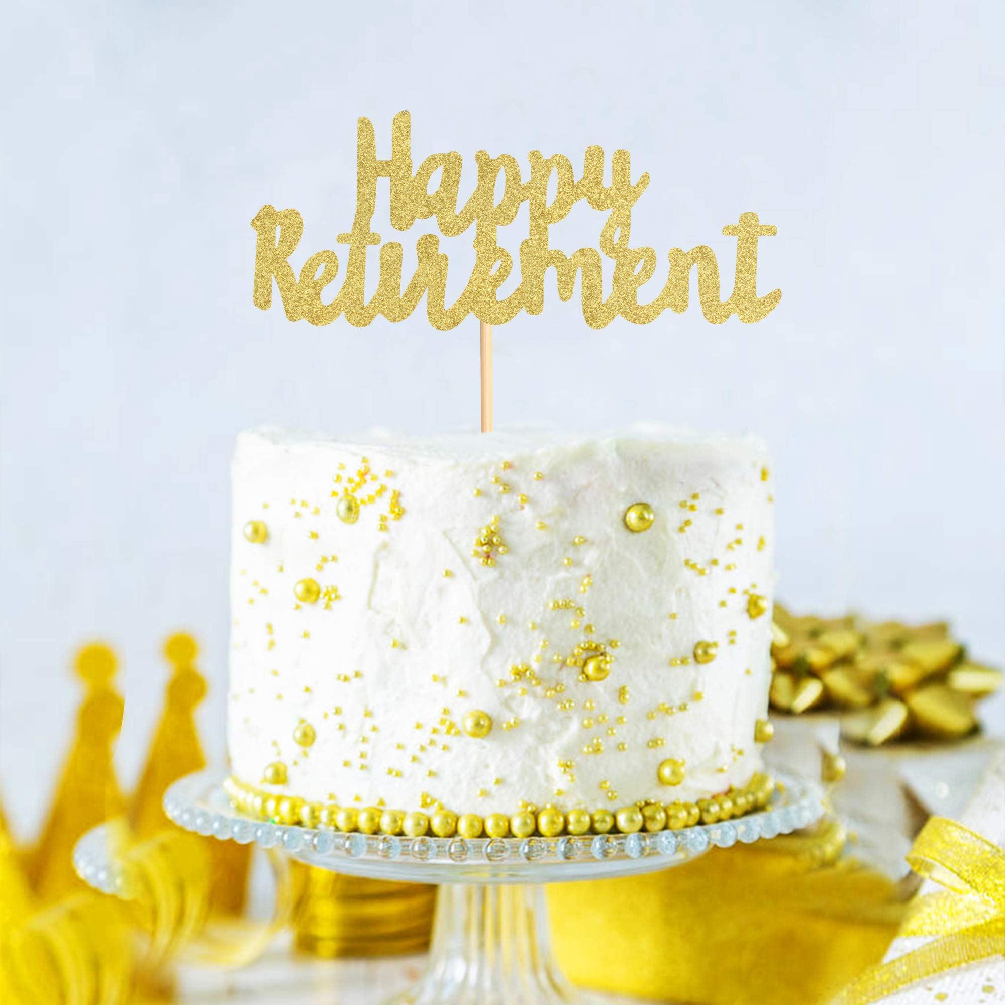 1Pack Gold Glitter Happy Retirement Cake Topper - Elegant Cake Decoration Picks for Retirement Party, Birthday, Celebration - Perfect for Retirement Cakes, Cupcakes, and Dessert Table Decor