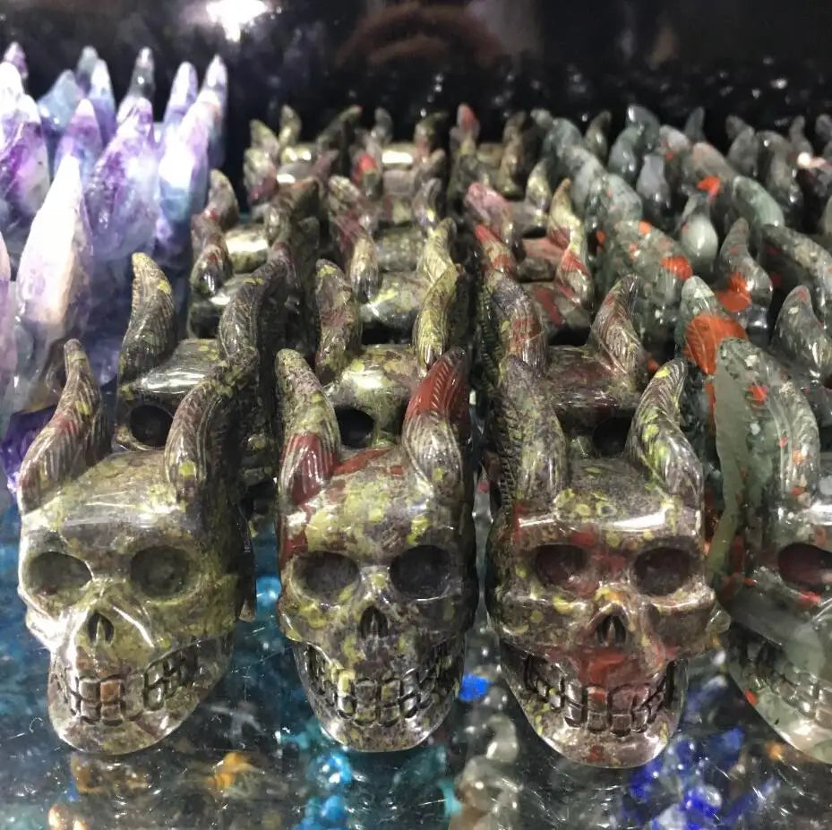 Natural Dragon Blood Stone Crystal Skull - Handcrafted Winged Skull Decor for Home, Office & Meditation - Unique Spiritual Healing Crystal Collection for Gifts & Feng Shui