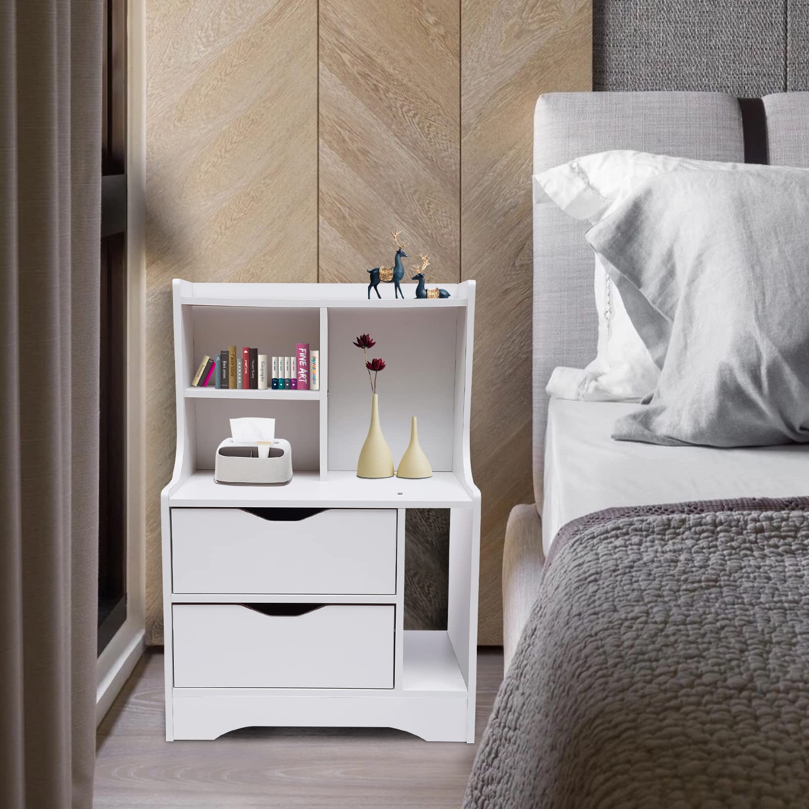Modern Smart Nightstand with 2 Drawers & Open Storage - White Bedside Cabinet for Bedrooms | Versatile End Table for Home Office, Living Room & Guest Room Organization