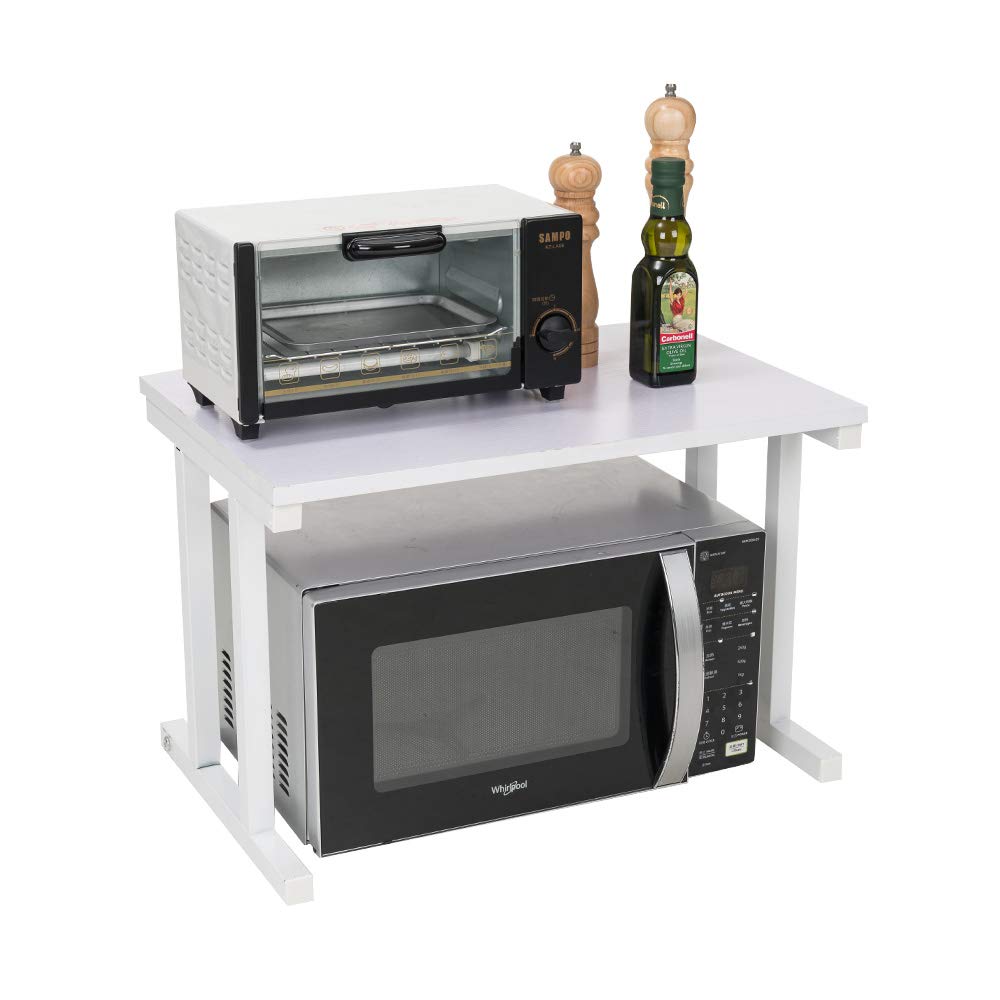2-Tier White Wooden Microwave Oven Rack - Space Saving Kitchen Organizer for Countertops, Desks & Small Appliances - Perfect for Microwaves, Printers & Kitchen Storage
