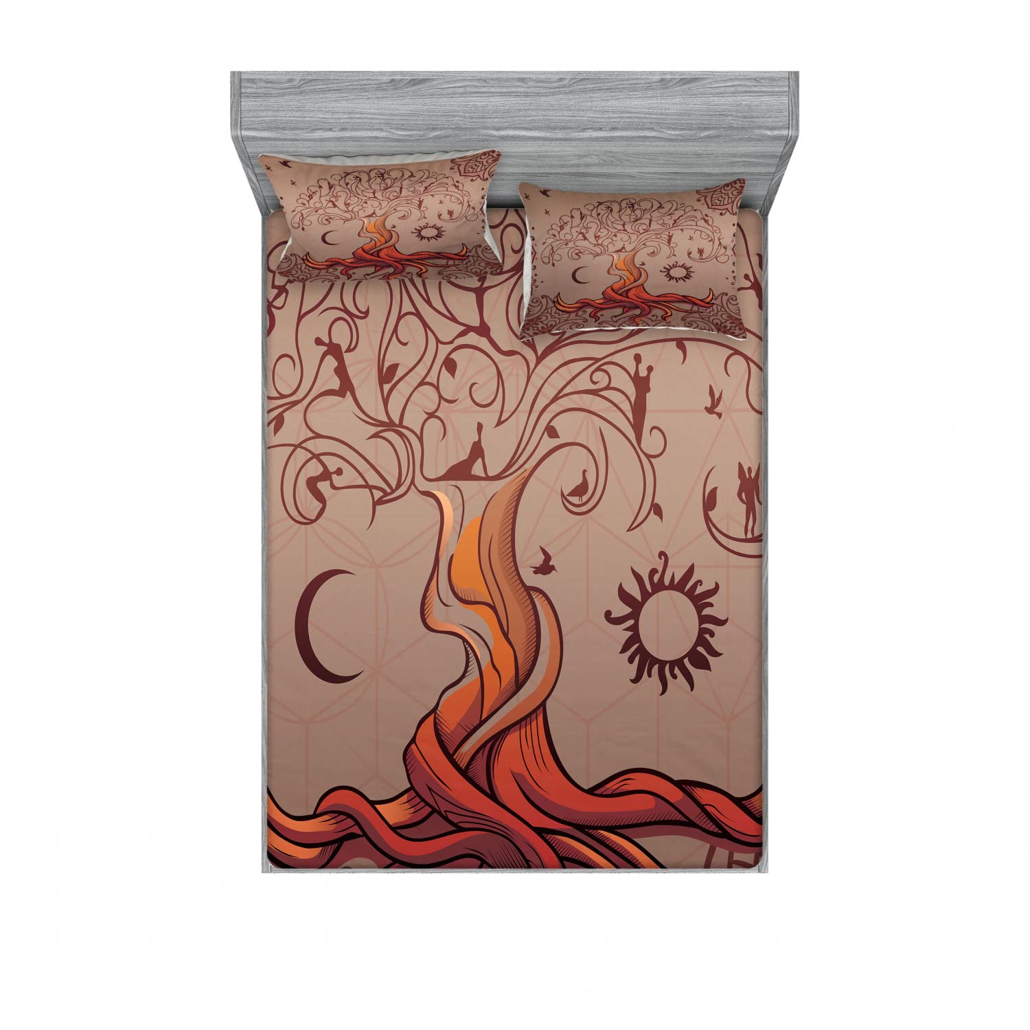 Ambesonne 4-Piece King Size Bedding Set - 2 Fitted Sheets & 2 Pillow Shams, Vintage Tree Pattern in Orange Mauve Taupe, Ethnic Bohemian Style Bedroom Decor for Master Bedroom or Guest Room