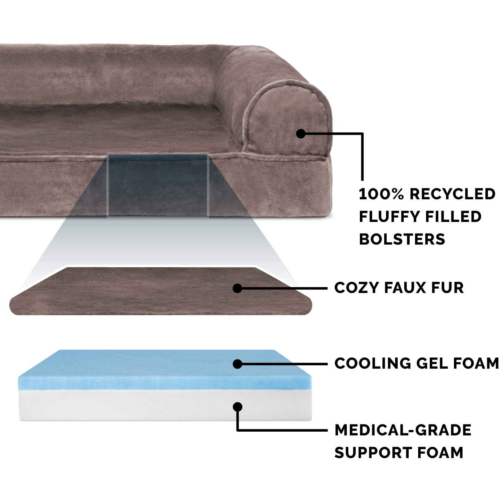 Furhaven Cooling Gel Dog Bed for Large Dogs - Removable Bolsters & Washable Cover - Supports Up to 125 lbs - Faux Fur & Velvet Sofa Style - Driftwood Brown (Jumbo Plus/XXL) - Perfect for Hot Weather & Joint Relief - Ideal for Living Room, Bedroom or Pet-Friendly Spaces