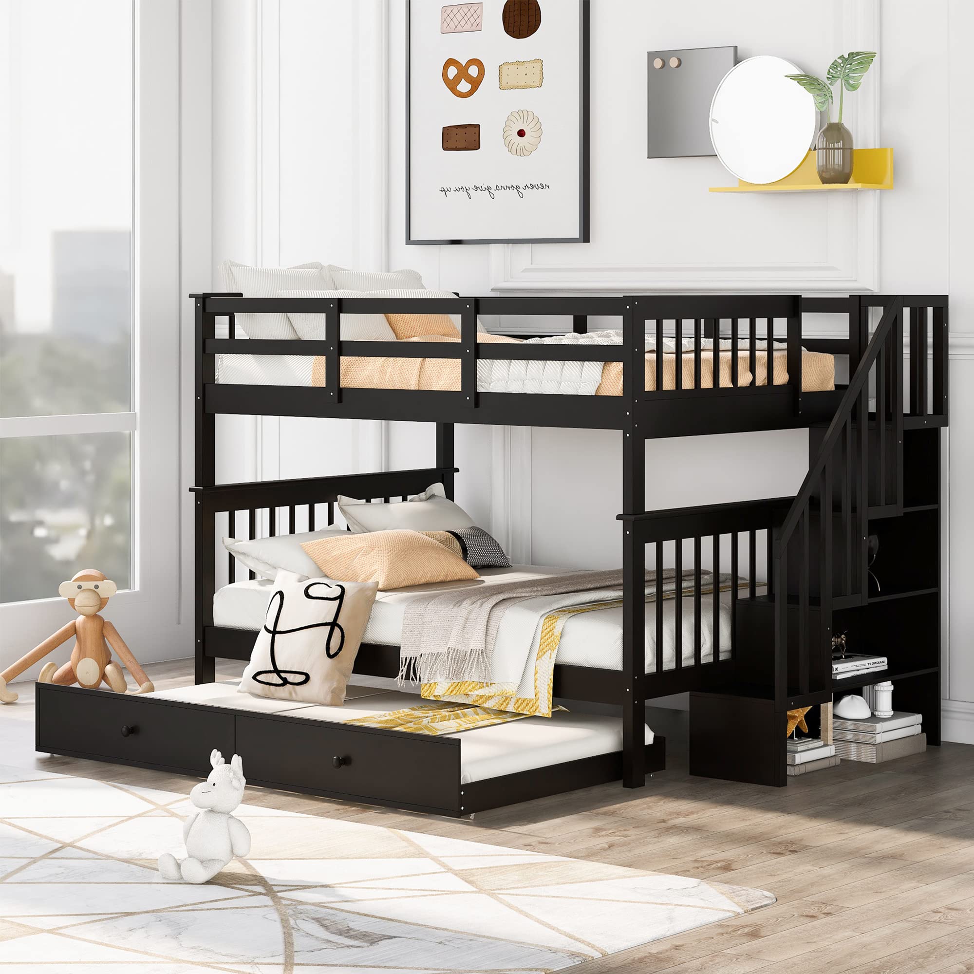 MERITLINE Full Over Full Wooden Bunk Bed Frame with Trundle & Stairs - Convertible Kids Bunk Bed in Espresso Finish | Space-Saving Twin Bunk for Bedrooms, Guest Rooms & Vacation Homes