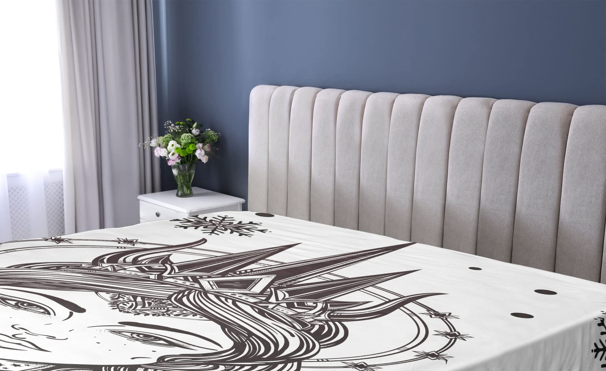 Ambesonne Queen Fitted Sheet - Winter Snow Queen Hand Drawn Art Bohemian Mythical Print Bedding, Deep Pocket Elastic All Around for Comfort, Queen Size White & Black - Perfect for Cozy Winter Nights & Boho Chic Bedroom Decor