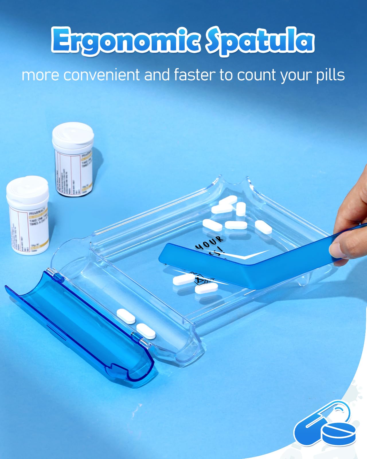 Plifal Pill Counting Tray with Spatula - Dual Channel Pharmacy Medicine Organizer with L-Shaped Spatula & Fun Reminder Labels - Perfect for Pharmacists, Nurses, and Home Medication Sorting
