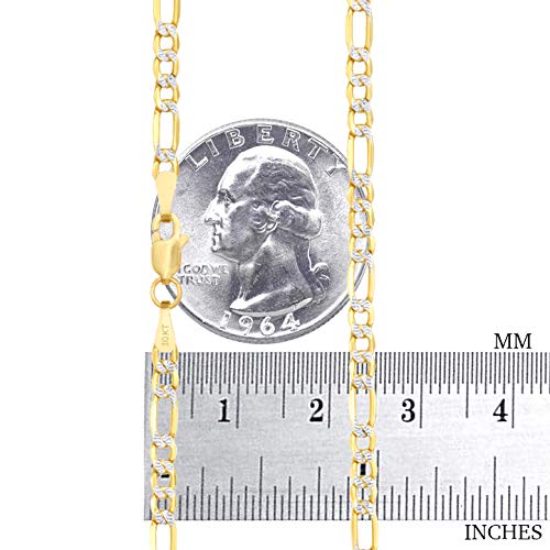 10k Real Yellow Gold Figaro Link Chain Necklace for Men & Women - 3.5mm Diamond Cut Pave Design, Adjustable 16