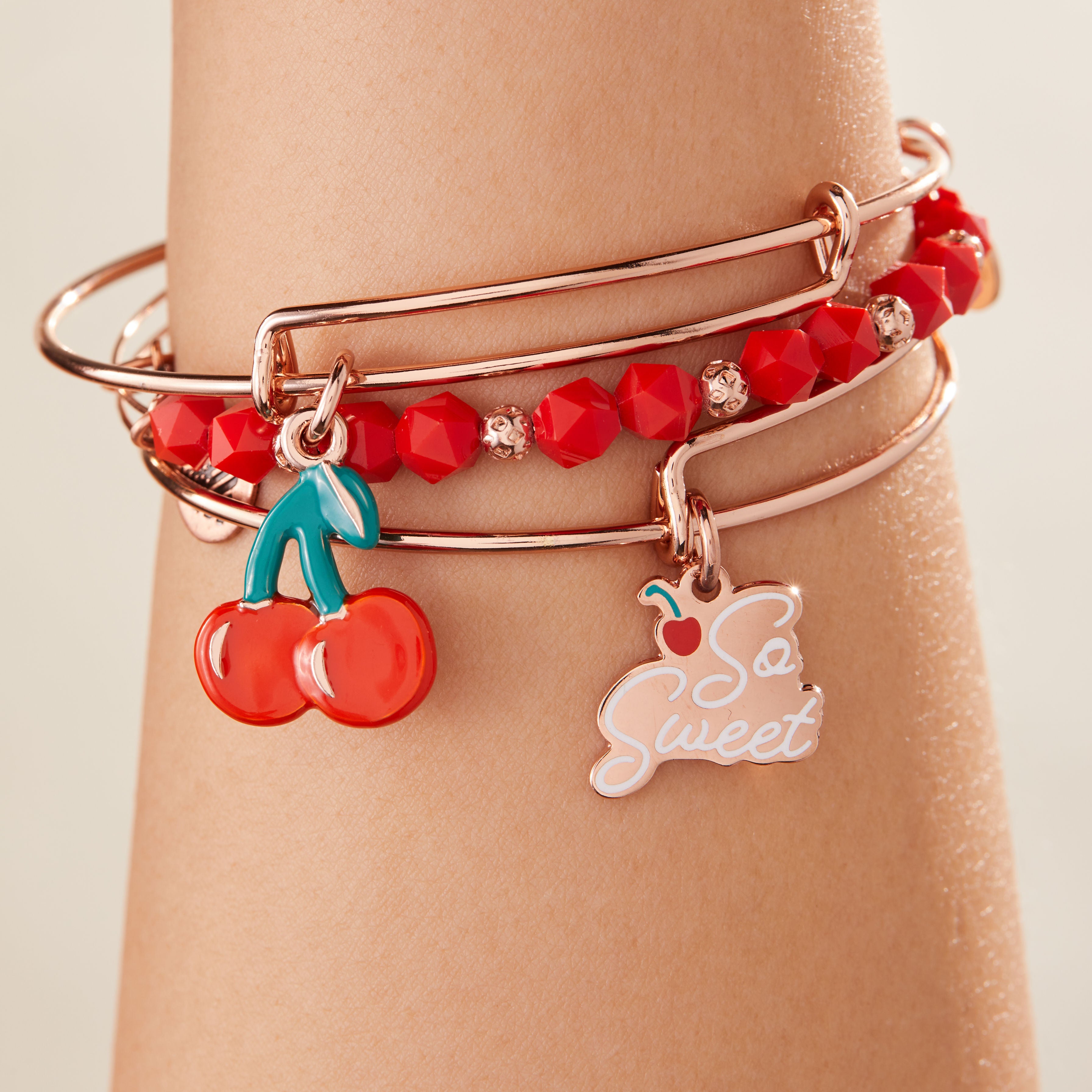 Stylish 'So Sweet' Cherry Charm Bangles Set of 3 - Perfect for Women's Fashion Accessories, Gift Giving & Everyday Wear