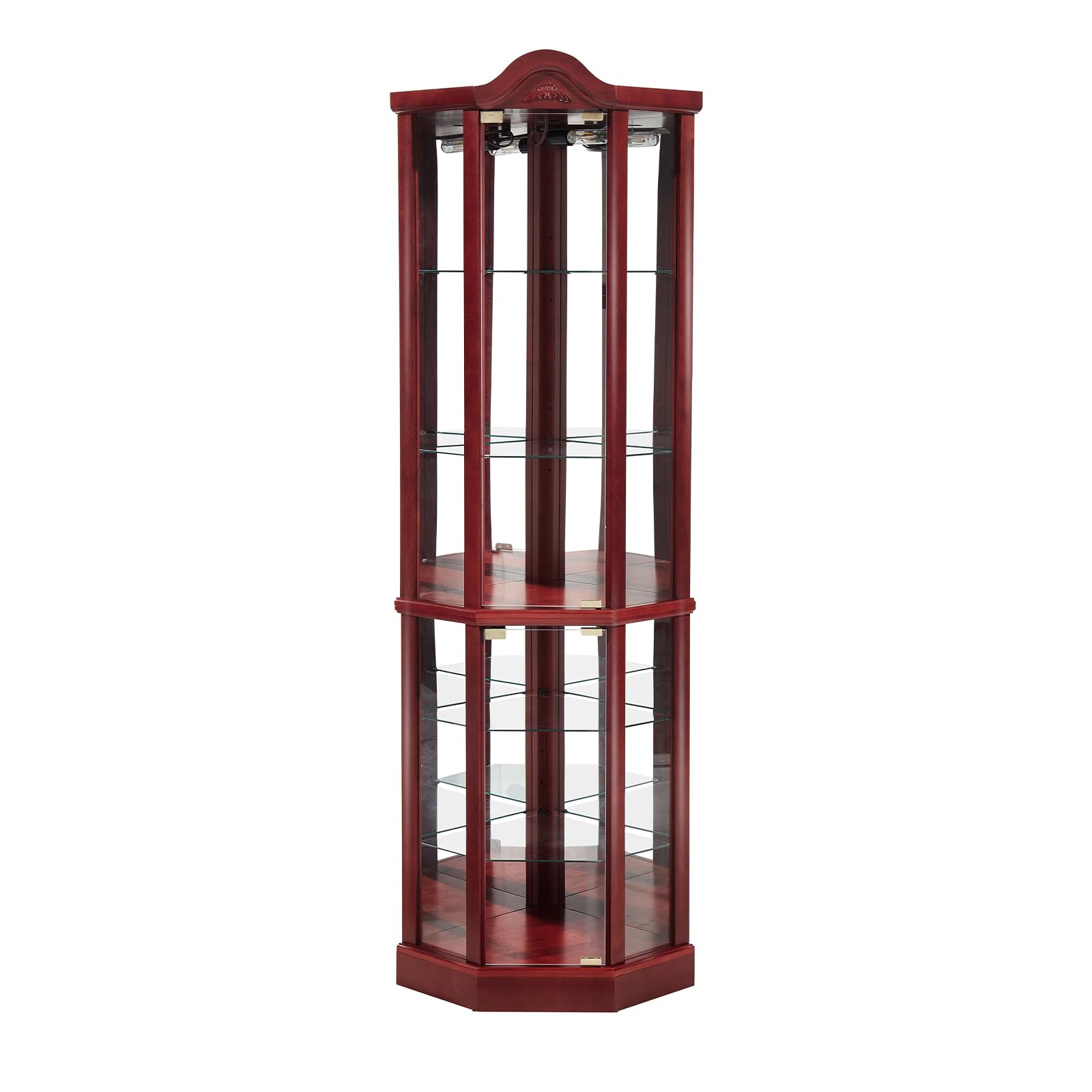 Lighted Corner Curio Cabinet with Tempered Glass Doors - Wooden Display Hutch for Living Room, Bar & Liquor Storage - Arched Cherry Finish | Perfect for Showcasing Collectibles, China, or Home Bar Setup