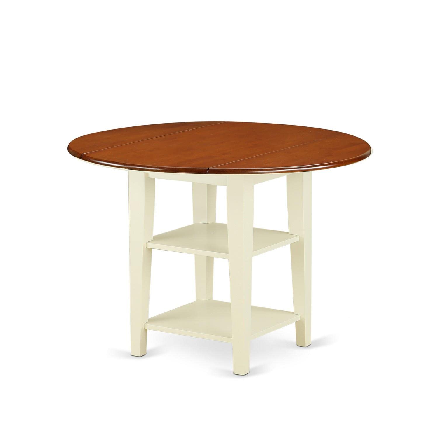 East West Furniture SUAN3-BMK-W 3-Piece Round Dining Table Set with Drop Leaf & Storage Shelves - 42x42 Inch Buttermilk & Cherry Finish - Includes 2 Wooden Chairs - Perfect for Small Spaces, Breakfast Nooks & Cozy Apartments