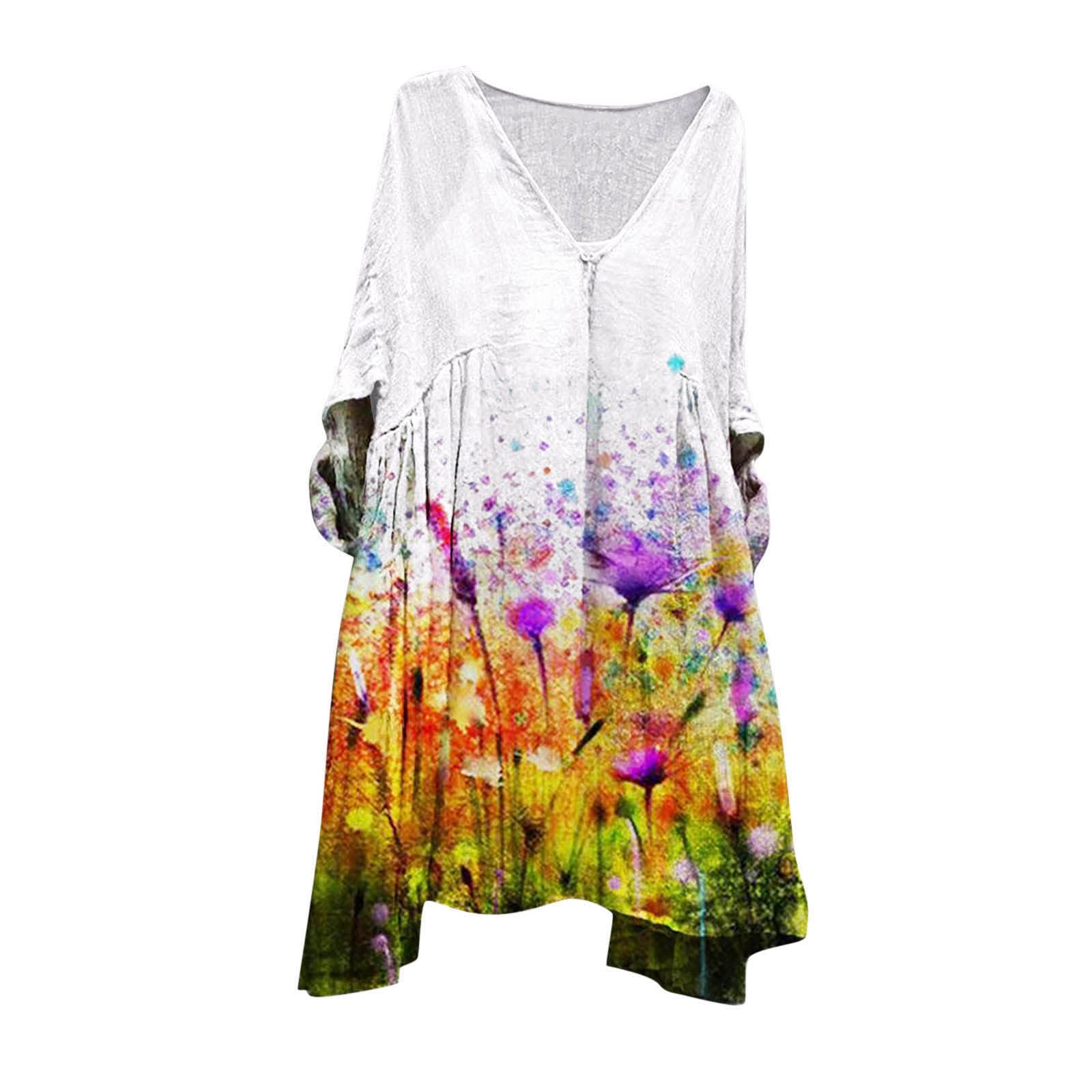 Vintage Flowy Cotton Linen Midi Dress for Women - Retro Casual 3/4 Sleeve Printed Summer Dress - Perfect for Beach Vacations, Brunch Dates & Boho Fashion
