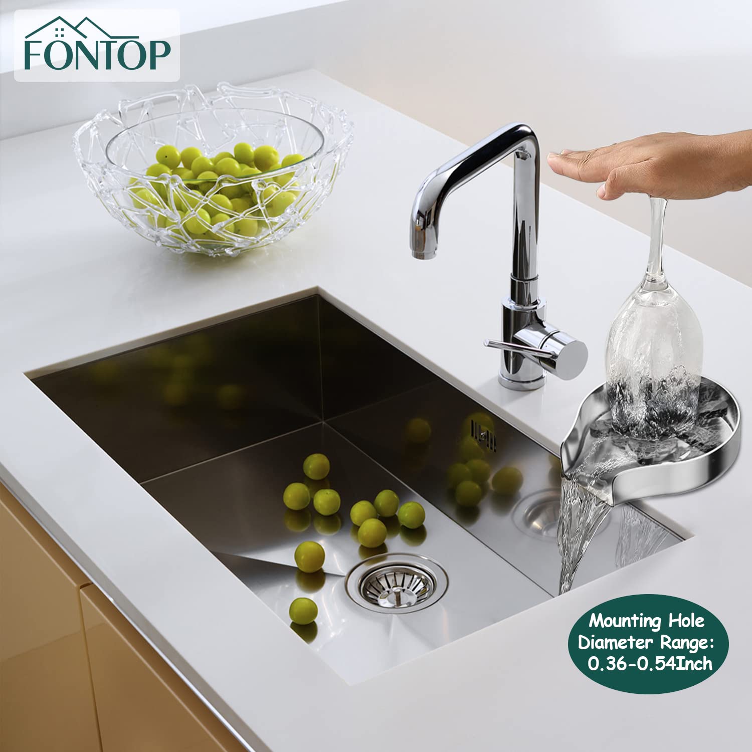 FONTOP 360° Rotating Jet Glass Rinser & Cup Washer - Stainless Steel Sink Faucet Attachment for Home Kitchen & Bar Countertop (Brushed Nickel) - Perfect for Cleaning Wine Glasses, Baby Bottles & Kitchenware