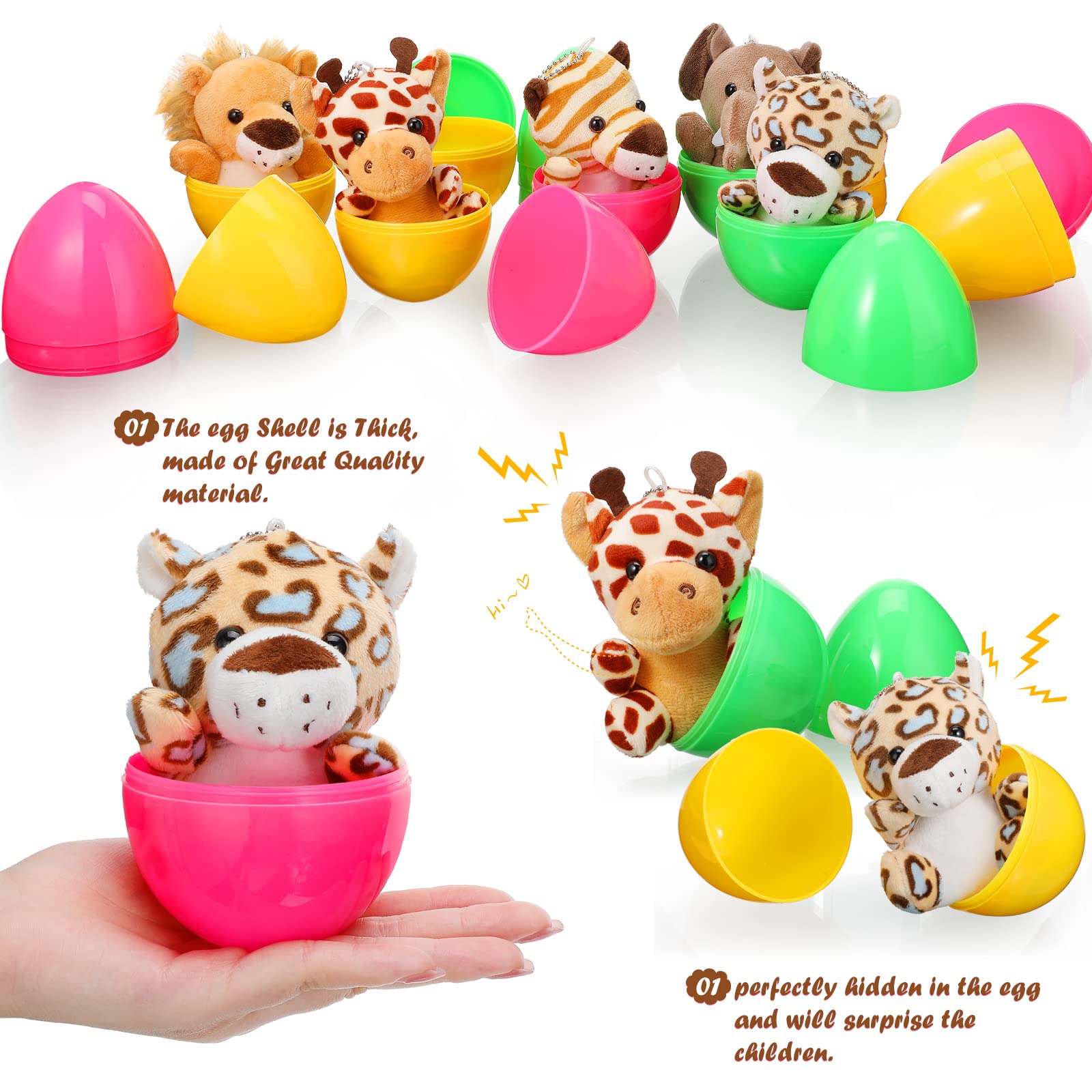 Skylety 12-Piece 4.8-Inch Stuffed Easter Eggs with Plush Forest Animals - Elephant, Giraffe & Tiger Toys Inside - Cute Easter Basket Stuffers & Party Favors for Kids' Easter Egg Hunts, Classroom Rewards & Spring Celebrations