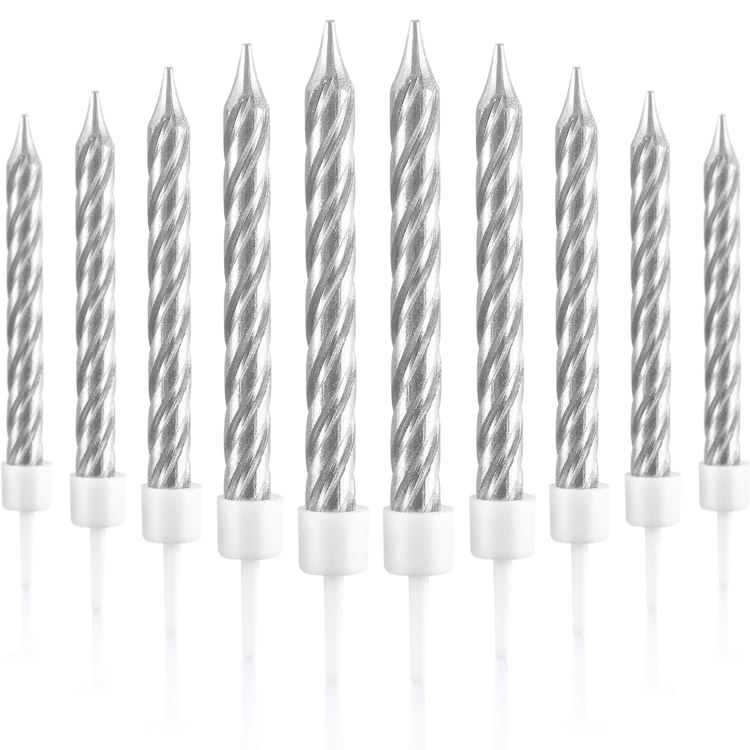 Blulu 50-Pack Silver Metallic Spiral Cake Candles with Holders - Short Thin Birthday Candles for Cupcakes, Wedding Cakes & Party Decorations - Perfect for Birthday Parties, Wedding Receptions & Anniversary Celebrations