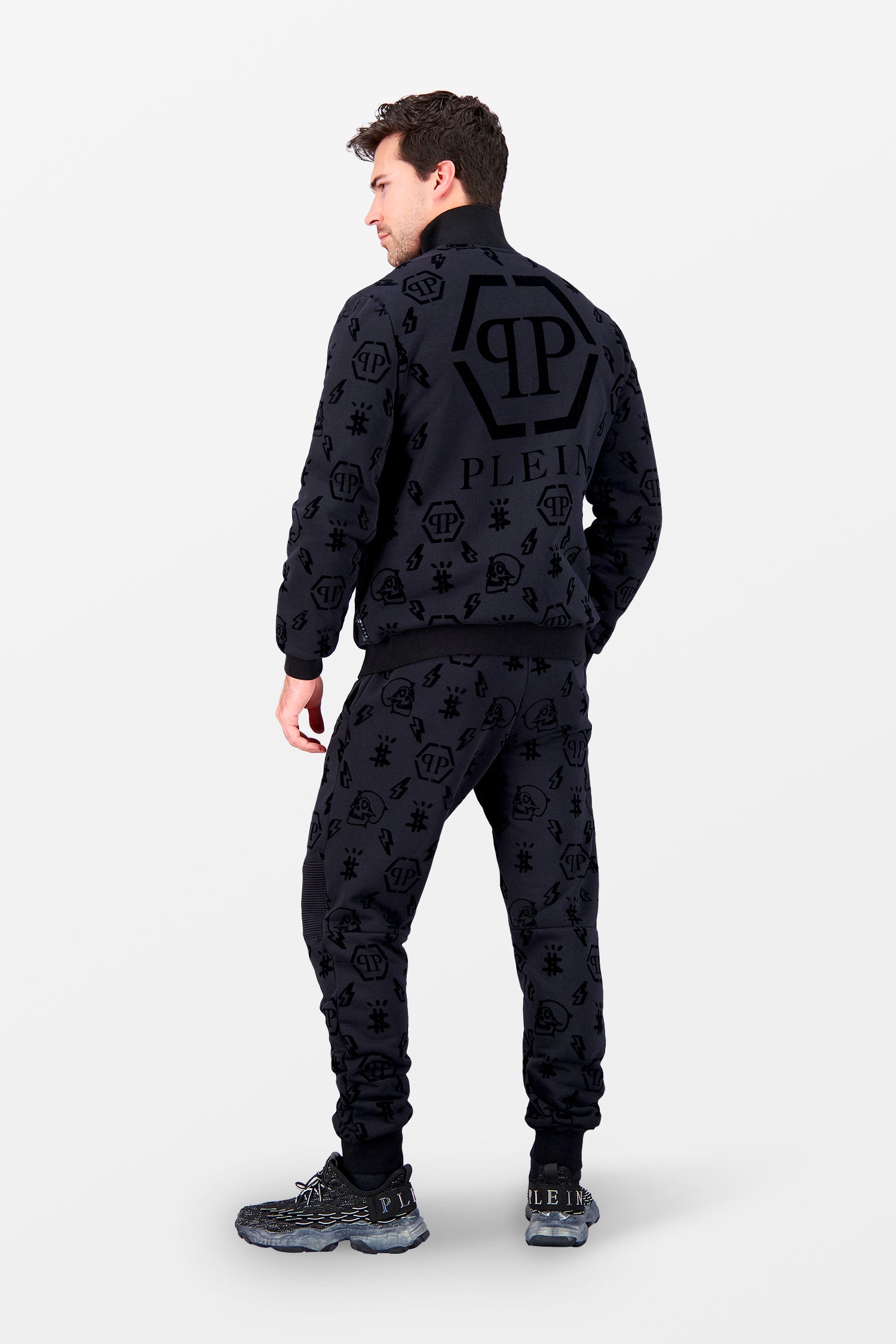 Philipp Plein Black Flock Monogram Jogging Jacket - Stylish Men's Hooded Track Jacket for Casual Wear & Street Fashion | Gym, Running, Lounge, Everyday Outfit