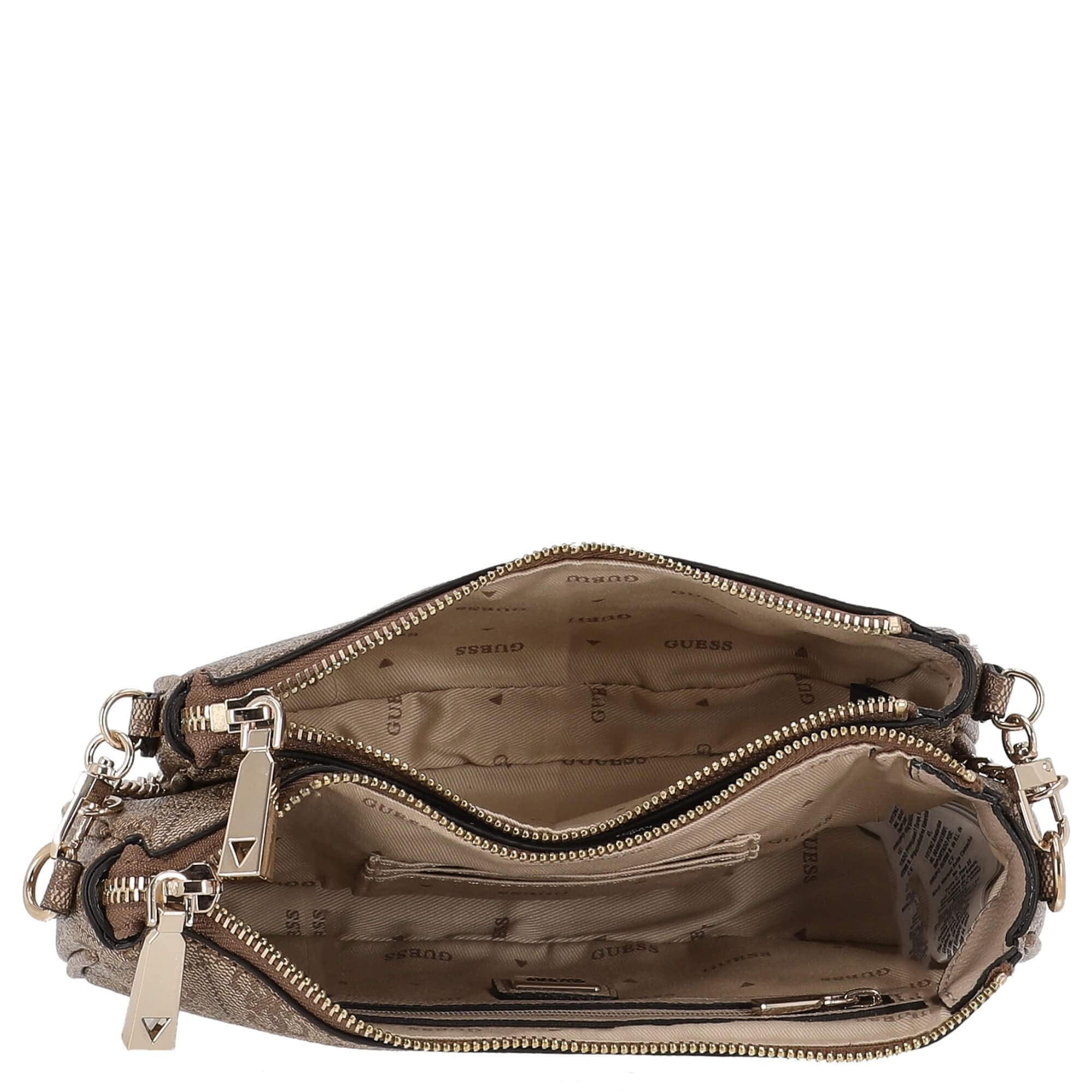 GUESS Noelle Double Pouch Crossbody Bag for Women - Latte Logo Print, Stylish Leather Shoulder Purse for Daily Use, Work, Travel and Date Night