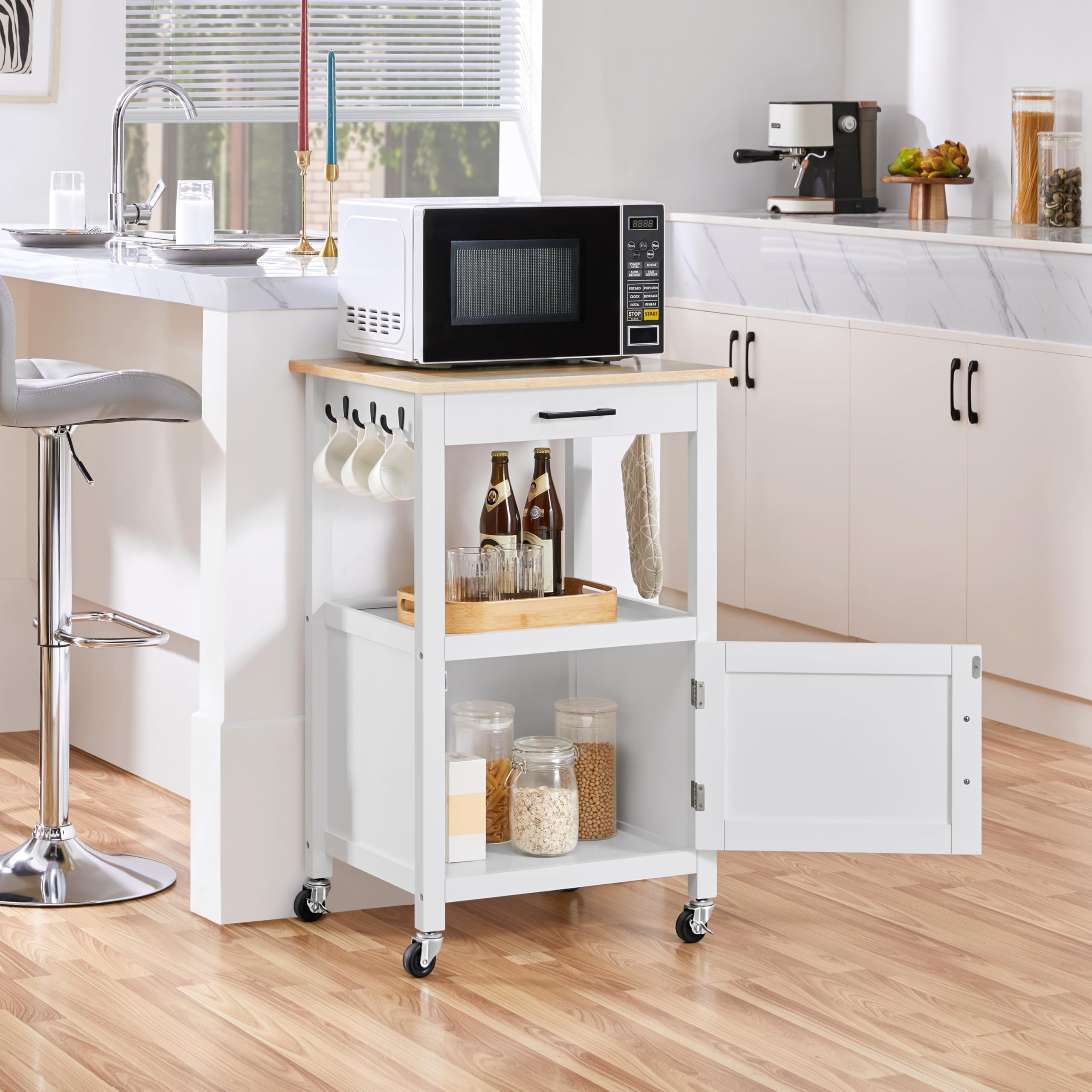 Yaheetech White Rolling Kitchen Island with Single Door Cabinet & Drawer - Mobile Kitchen Cart with Swivel Wheels, Coffee Bar & Microwave Stand - Perfect for Dining Room, Small Spaces & Apartment Living