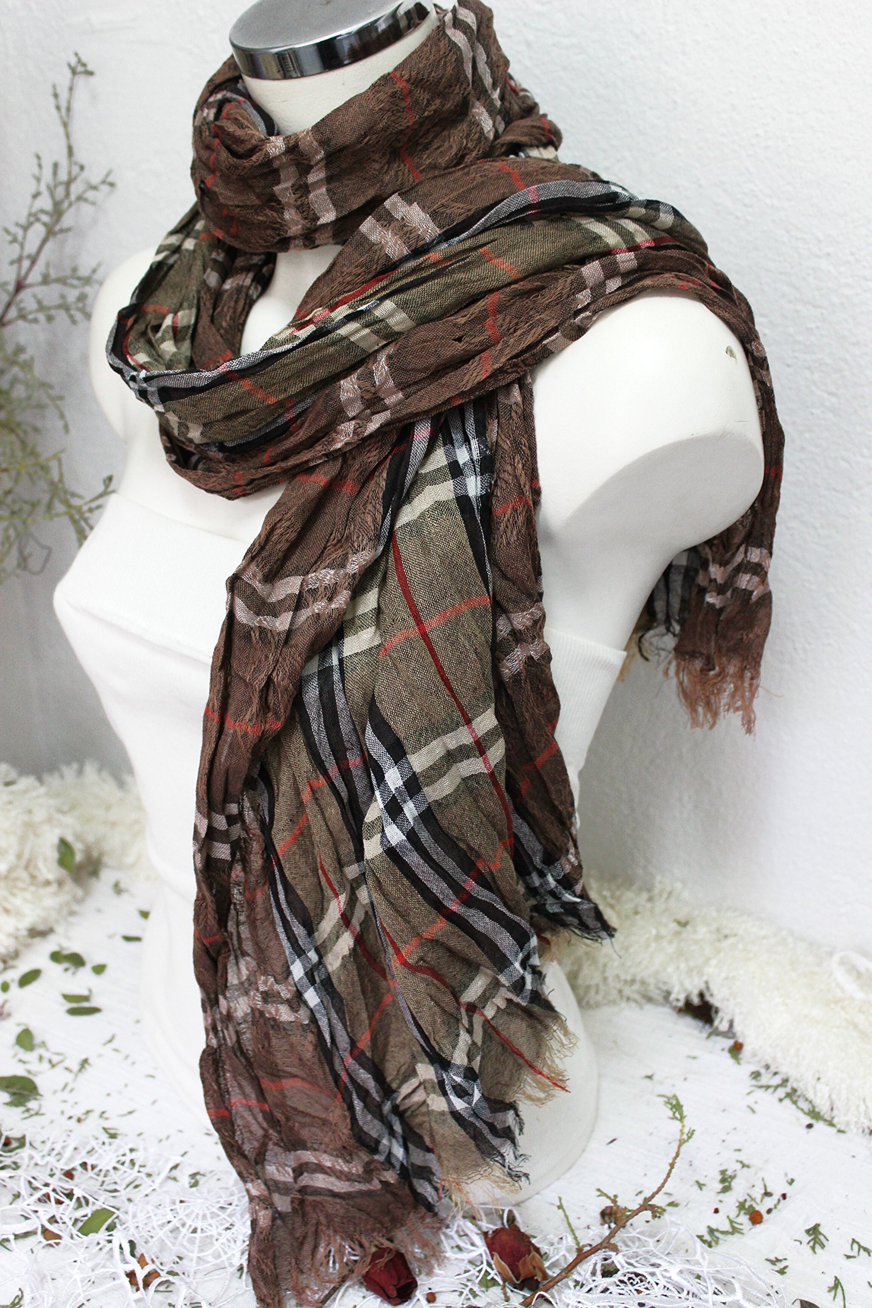 Men's Cotton Scarf - Brown Plaid & Beige Striped Boho Shawl - Turkish Fabric in Red & Black - Unique Gift for Men - Perfect for Winter, Fall & Casual Outfits