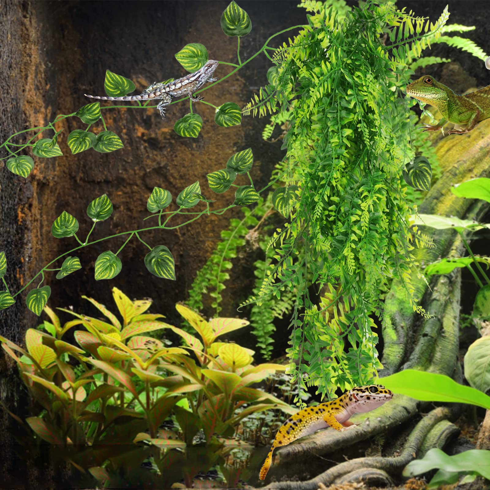 Premium Bearded Dragon Hammock & Reptile Hide Decor - Jungle Climbing Vines & Plants for Leopard Gecko, Chameleon, Lizard, Snake Tank Accessories | Perfect for Climbing, Basking & Habitat Enrichment
