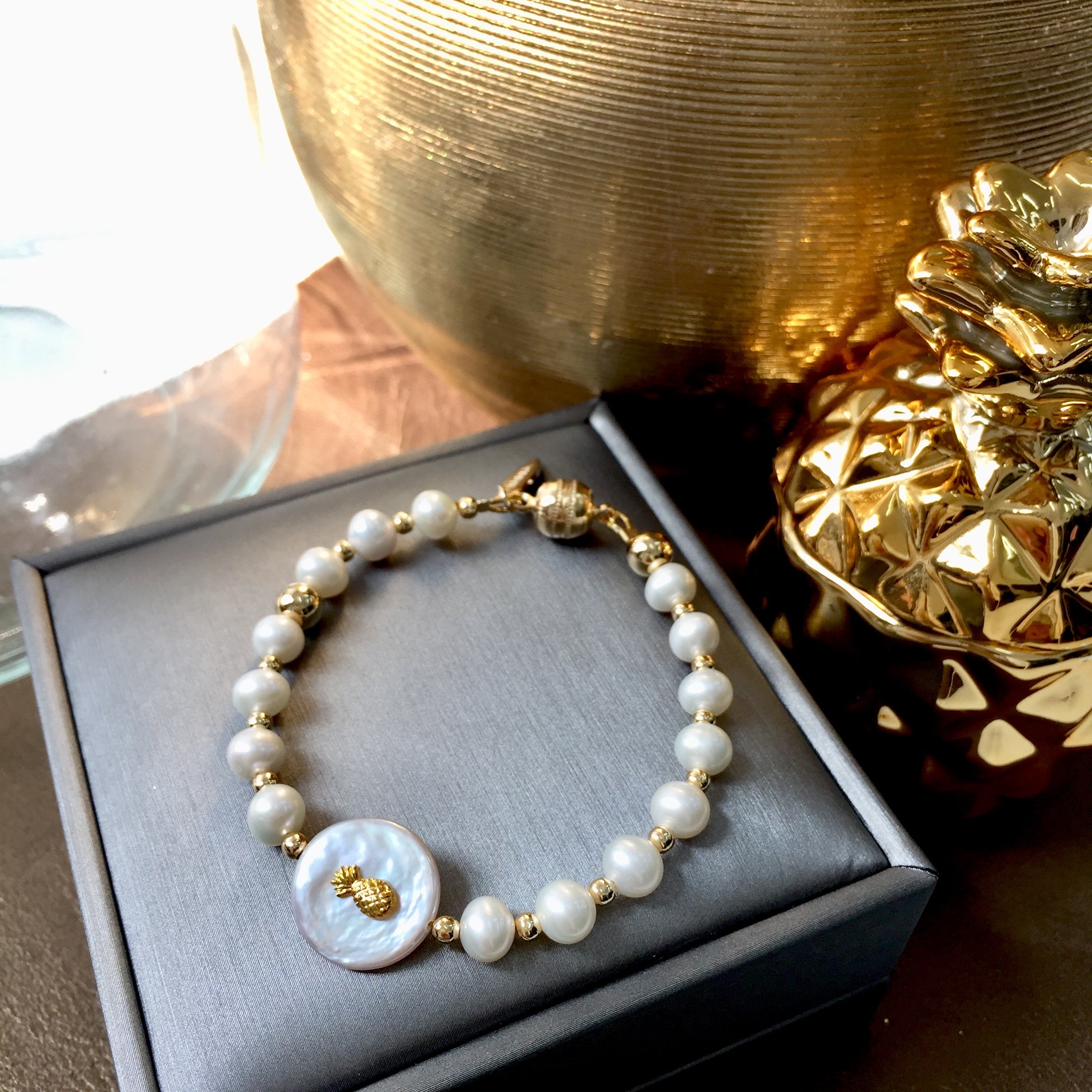 Elegant Freshwater Pearl Bracelet with Pineapple Charm - MB120 | Perfect for Women's Fashion, Gift Giving & Summer Accessories