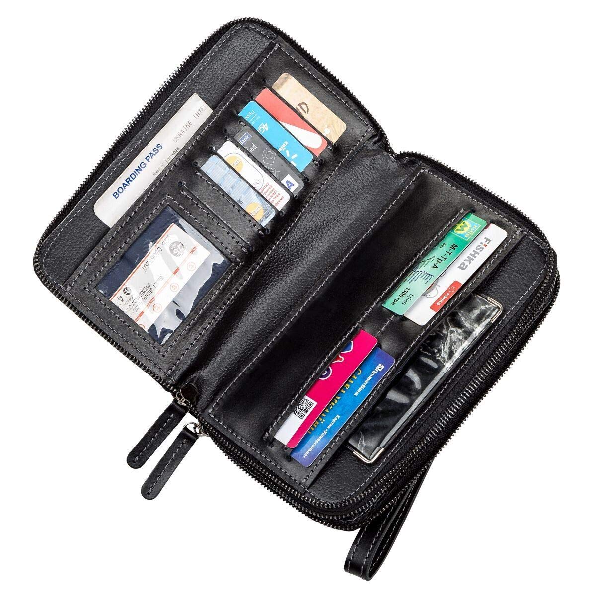 Premium Long Leather Bifold Wallet with Zipper - Large Capacity Checkbook Organizer for Men & Women - Stylish Black Clutch (11082) - Perfect for Business, Travel & Everyday Use