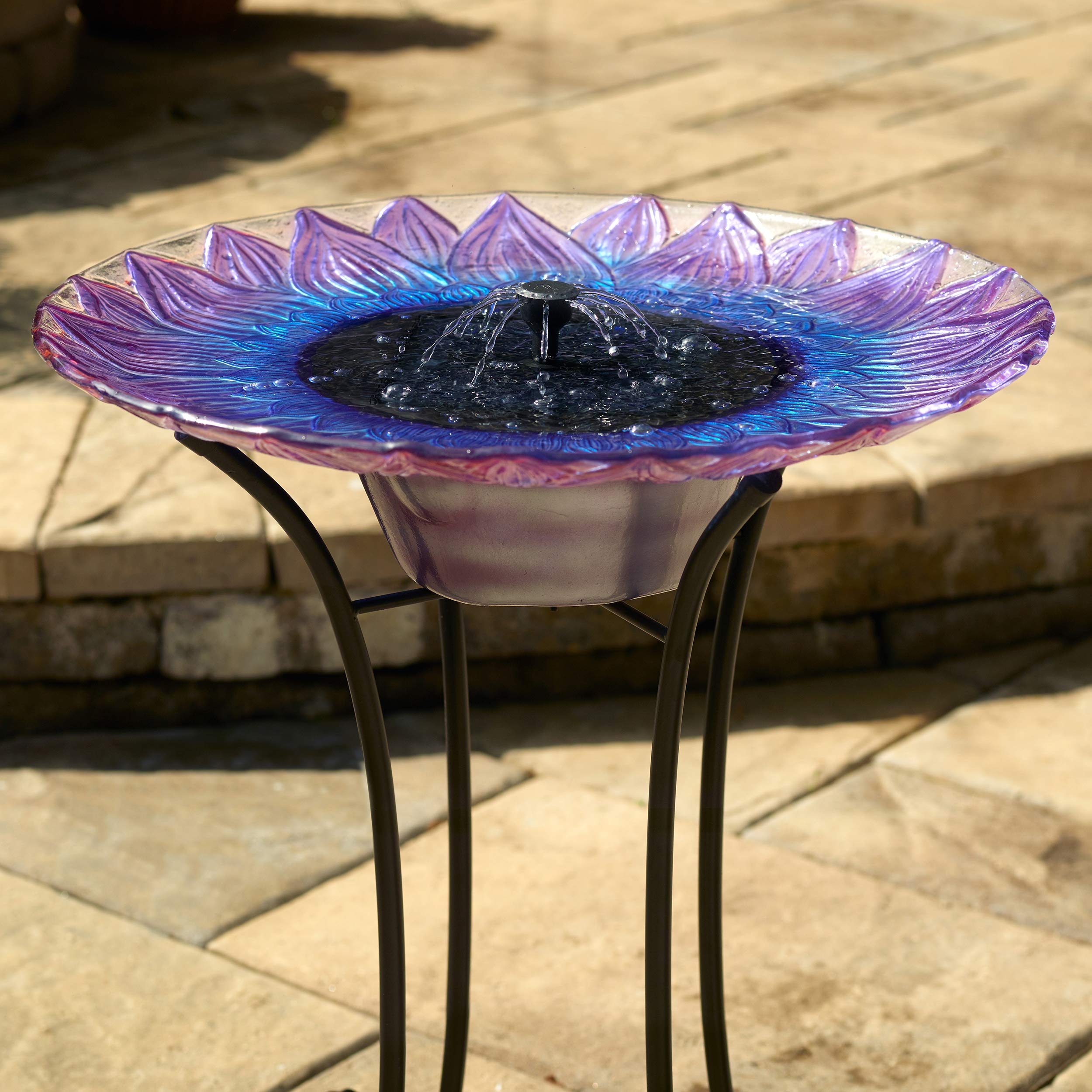 Smart Solar-Powered Birdbath Fountain with Patented Solar Panel & Pump System - Hand-Painted Glass Flower Design on Metal Stand (Blue/Purple) - Perfect for Garden, Patio, Yard Decoration & Attracting Birds
