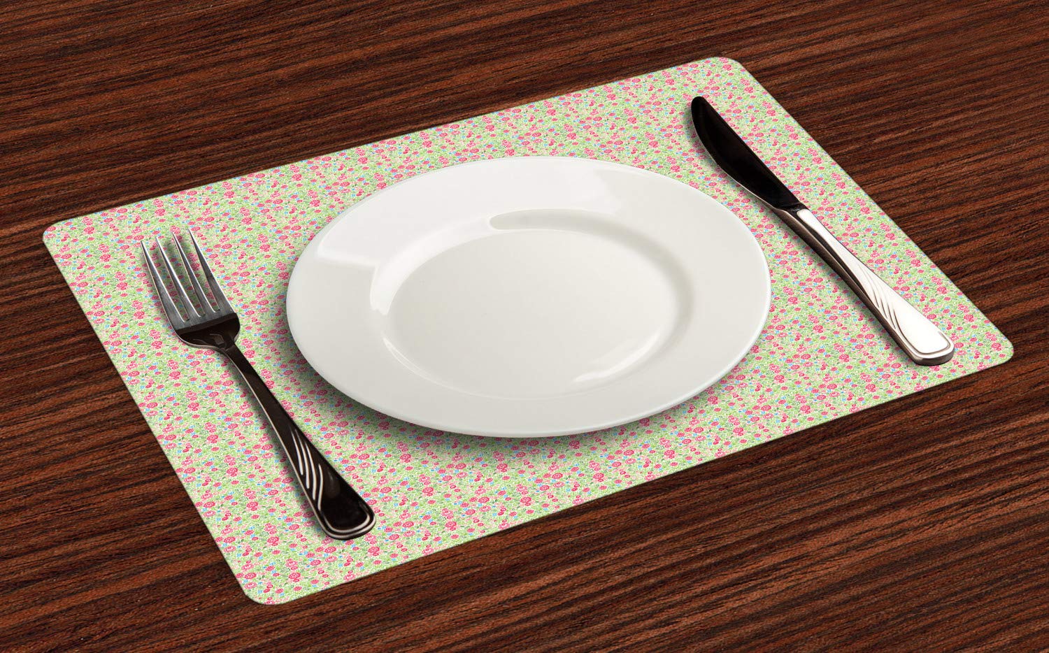 Ambesonne Spring Placemats Set of 4 - Vintage Folk Art Floral Print Washable Fabric Table Mats for Dining Room, Kitchen & Home Decor (12x18 Inch, Dark Pink Coral Lime Green Sea Blue) - Perfect for Spring Parties, Easter Dinner & Farmhouse Style Decorating