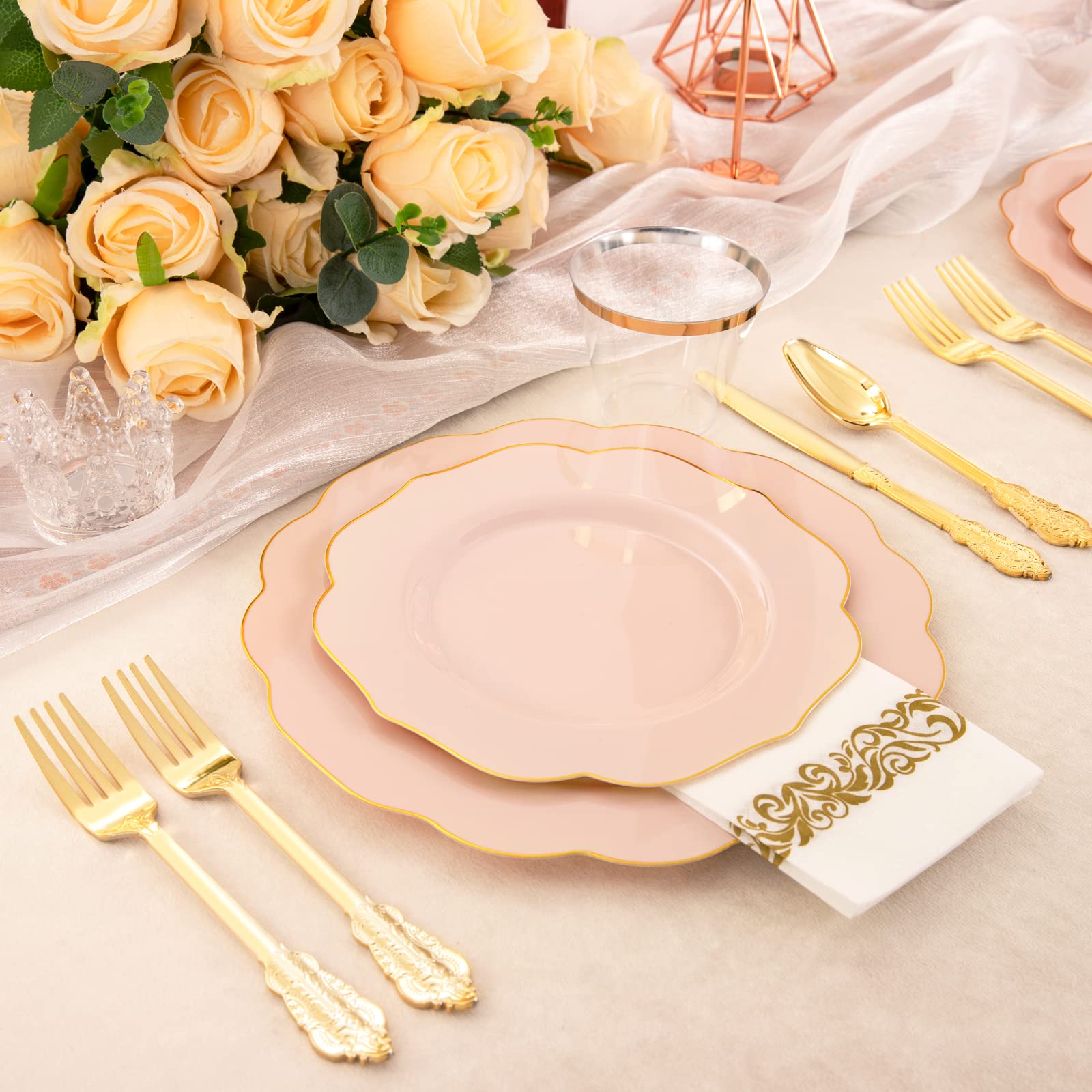NOCCUR 175-Piece Pink Plastic Party Tableware Set - 50 Disposable Plates, 25 Forks, 25 Knives, 25 Spoons, 25 Cups & 25 Napkins - Elegant Gold Trim - Perfect for Weddings, Baby Showers, Birthday Parties & Bridal Showers - Great for Indoor/Outdoor Events & Catering