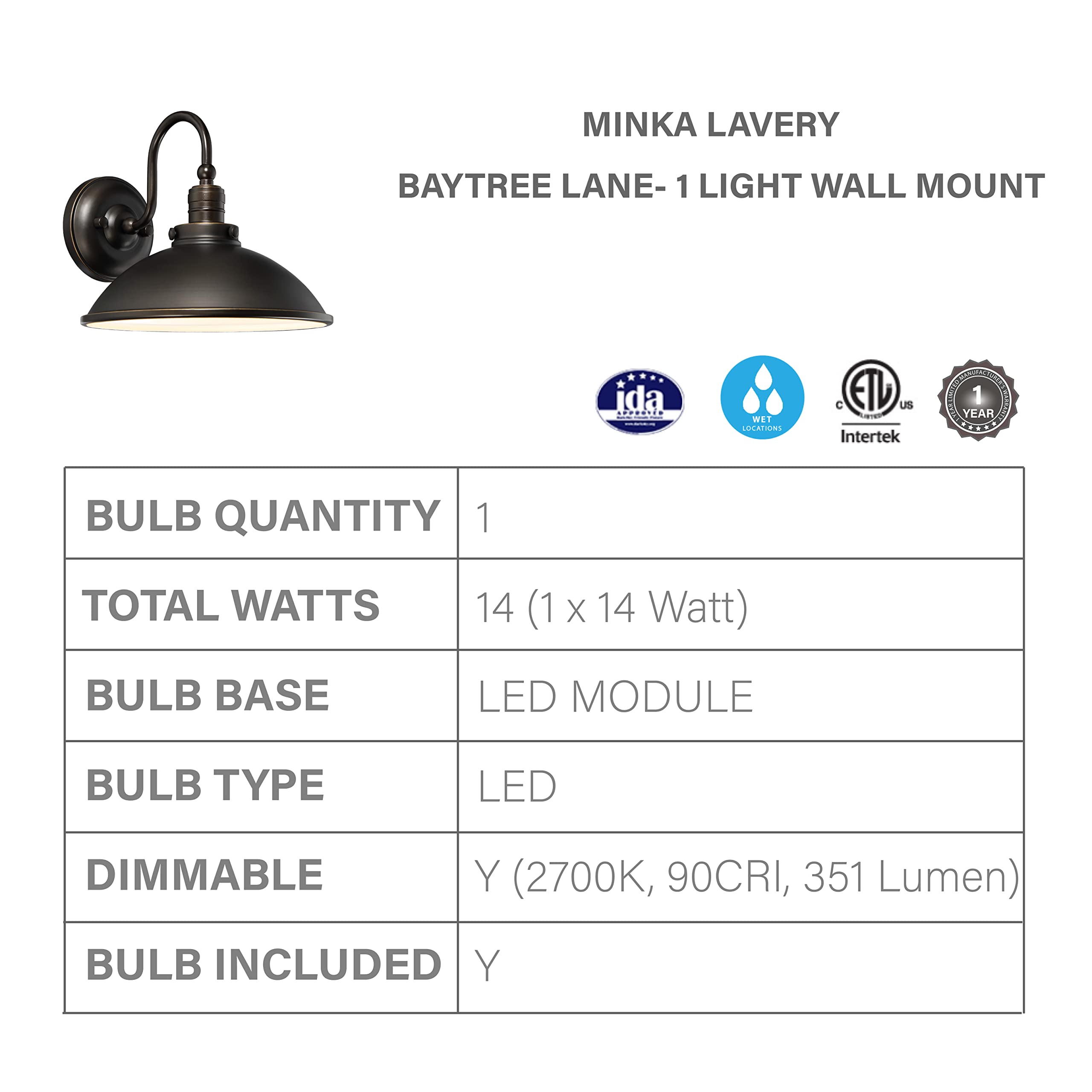 Minka Lavery 71169-143C-L Baytree Lane Outdoor Wall Light - 1-Light LED Exterior Lantern, 14W Oil Rubbed Bronze - Perfect for Porch, Patio, Garden & Entryway Lighting
