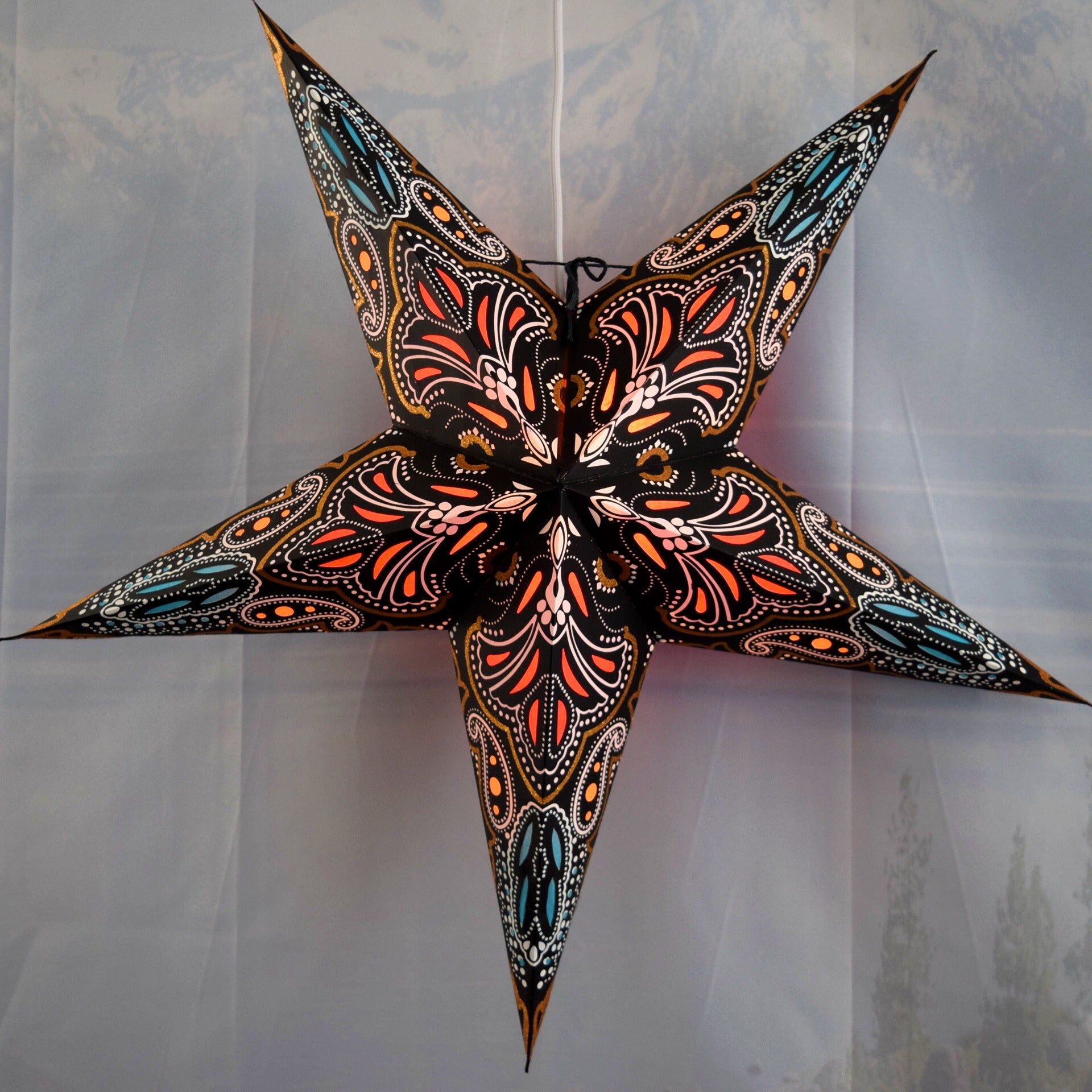24 Inch Black Aura Glow Glitter Paper Star Lantern - Party Decor, Wedding Centerpiece, Boho Home Decoration, Festival Lighting for Indoor & Outdoor Events