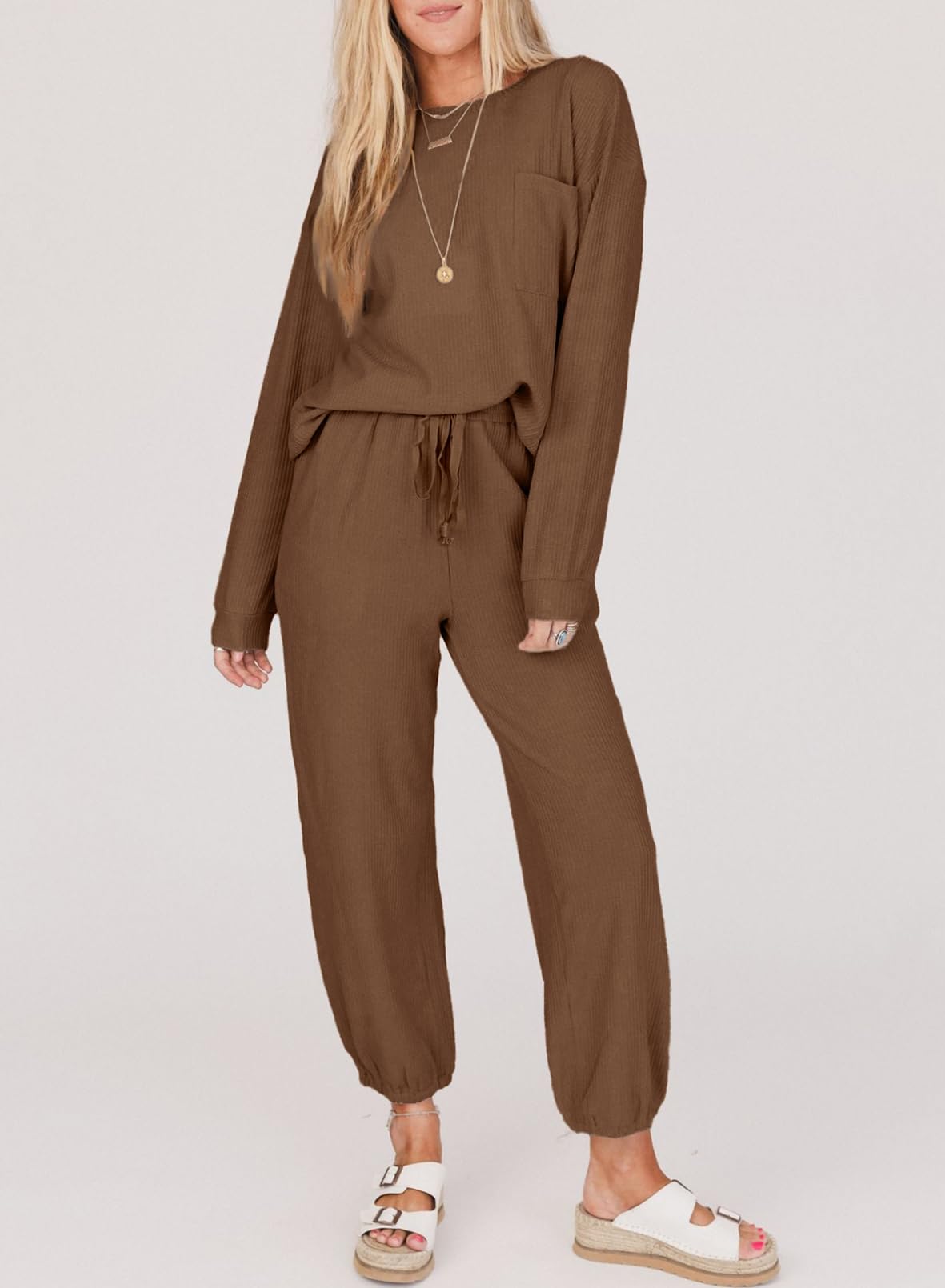 SHEWIN Women's 2 Piece Waffle Knit Lounge Set - Long Sleeve Pullover & Drawstring Jogger Pants Tracksuit | Cozy Casual Outfit for Home, Yoga, Travel & Loungewear