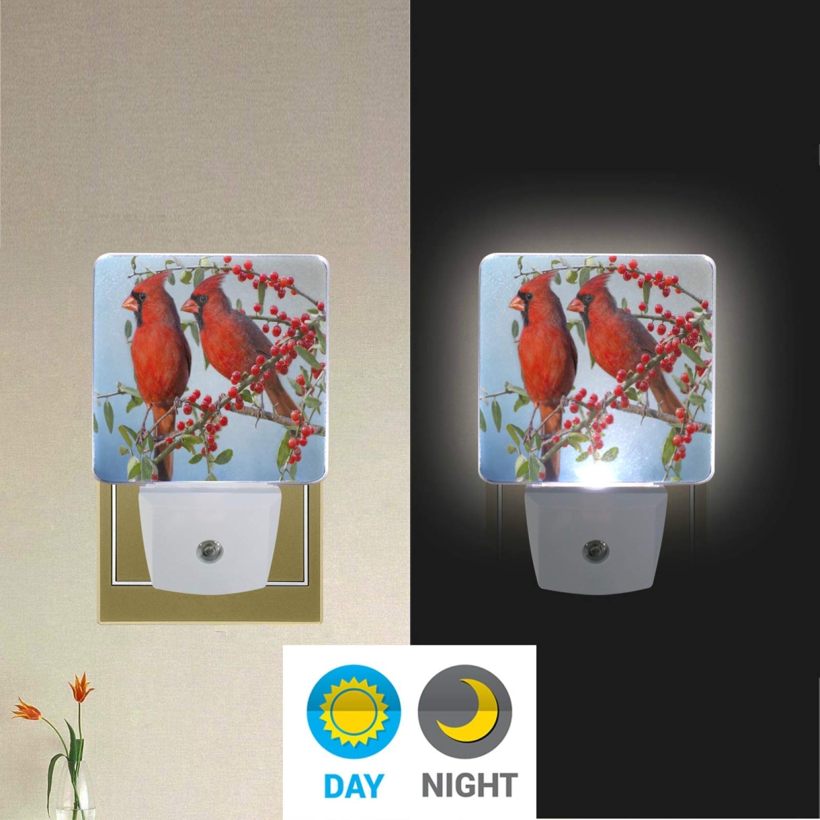 Vikko 2 Pack LED Night Light with Dusk to Dawn Sensor - Winter Red Cardinals Birds Plug-in Nightlight for Bedroom, Living Room, Hallway | Energy Efficient Kids & Adults Night Lamp for Home Decor, Nursery, Bathroom Safety Lighting