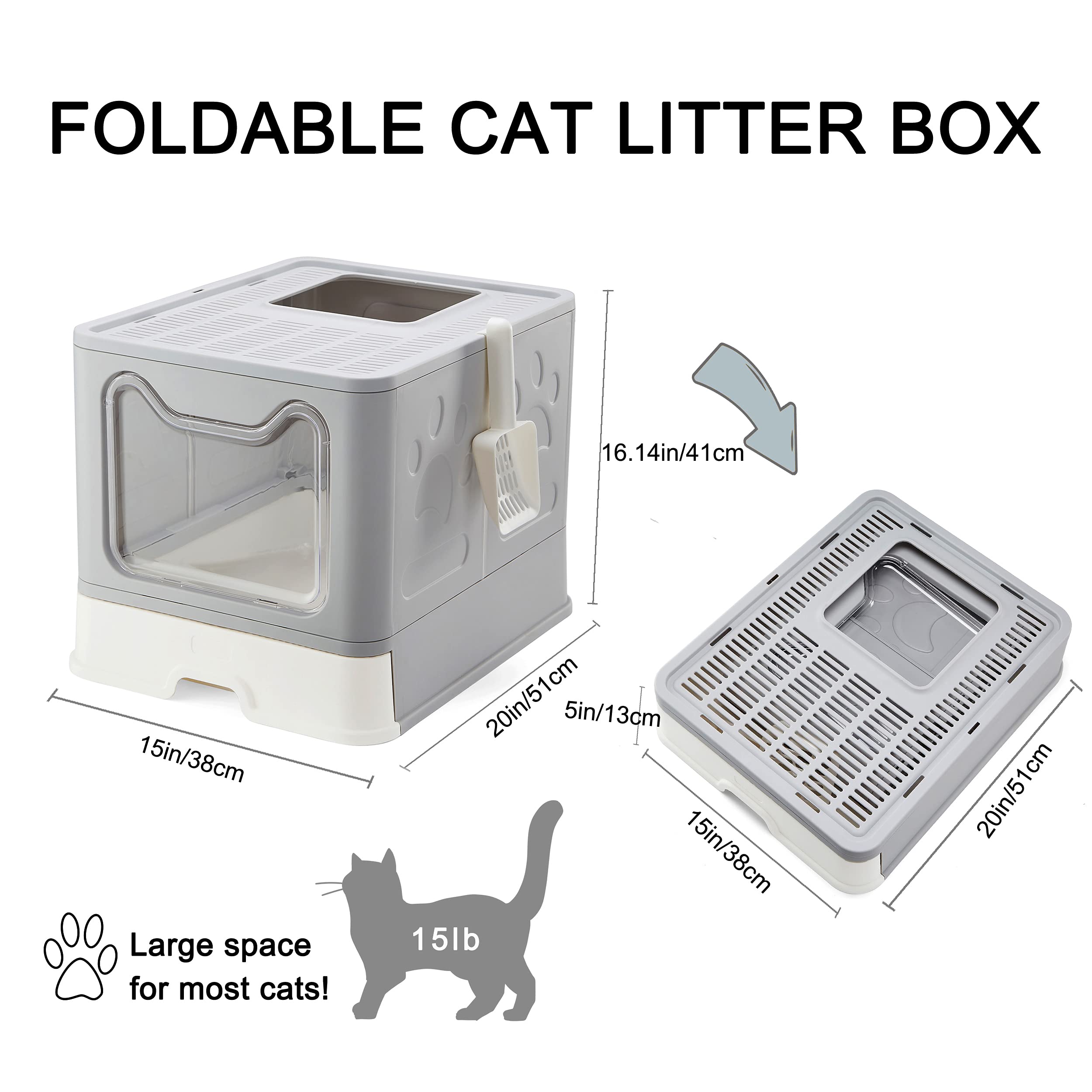Foldable Cat Litter Box with Lid - Large Top Entry Enclosed Litter Box with Scoop, Anti-Splashing Design & Easy Clean Drawer - Perfect for Small Spaces & Travel (Grey)