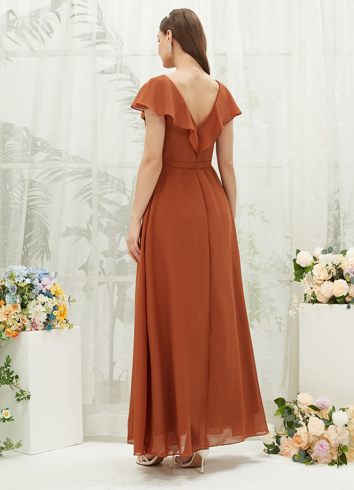 Elegant Burnt Orange Chiffon Bridesmaid Dress with Ruffle Sleeves & V-Neck Slit - Perfect for Weddings, Formal Events & Evening Parties