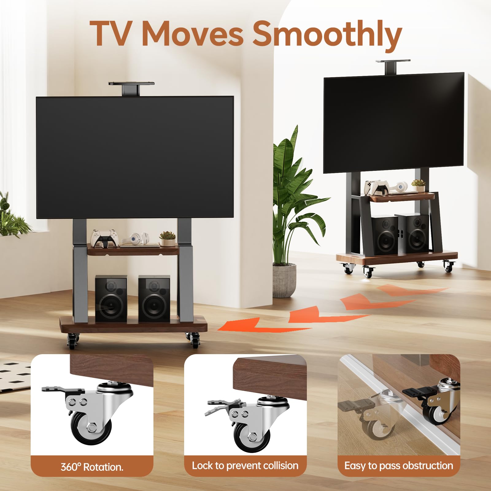 Heavy-Duty Mobile TV Stand Cart with Wheels for 32-75 Inch Flat/Curved LED/LCD/OLED Screens - Adjustable Height Floor TV Stand with Shelf, Supports up to 180lbs & Max VESA 600x400mm (Black) | Perfect for Living Room, Bedroom, Office or Commercial Use
