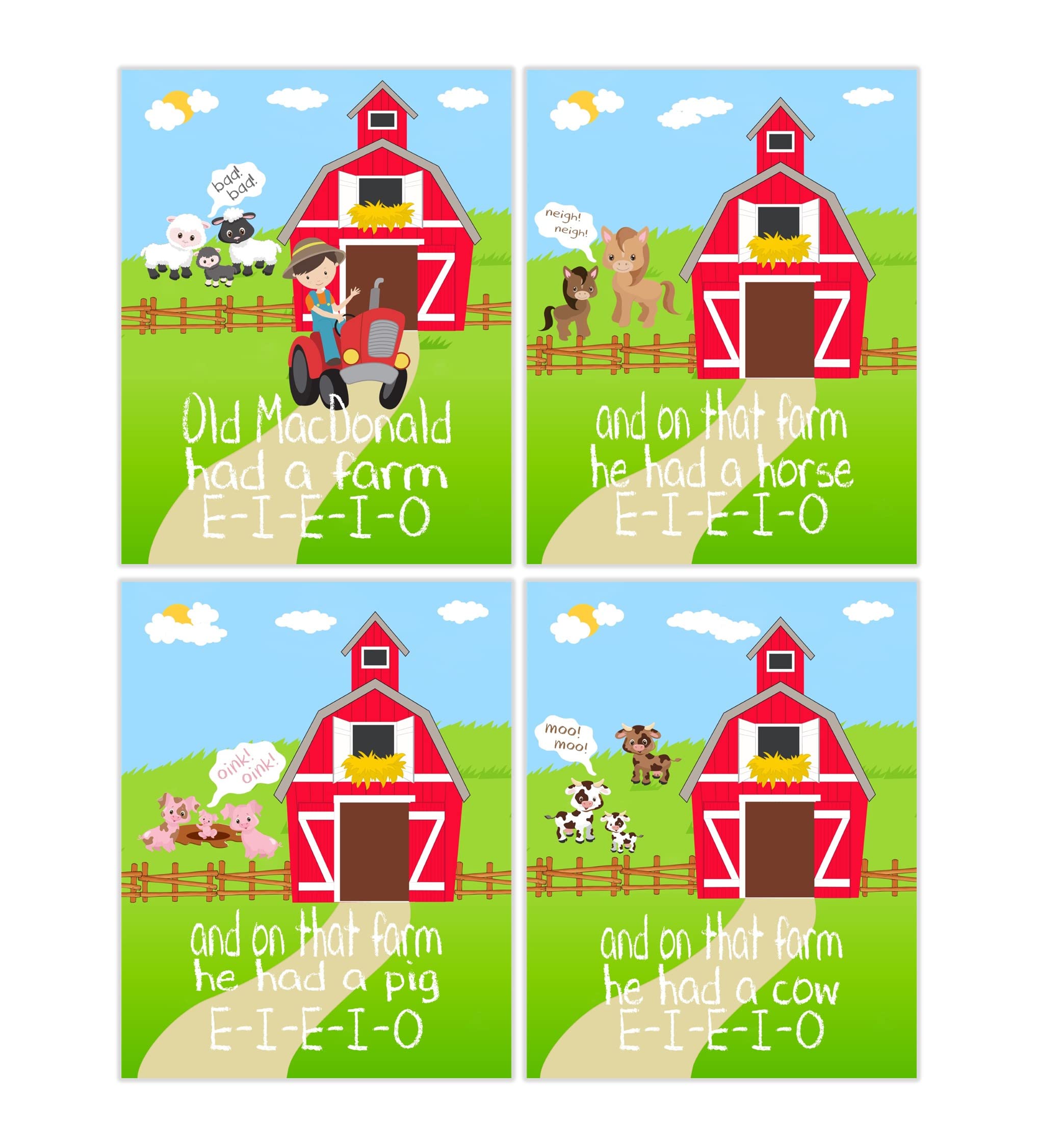 Old MacDonald Had a Farm Nursery Decor - Set of 4 Farm Animal Wall Art Prints for Kids Room, Baby Shower Gift & Farmyard Theme Nursery Decoration - Perfect for Toddler Bedroom, Playroom & Classroom Decor