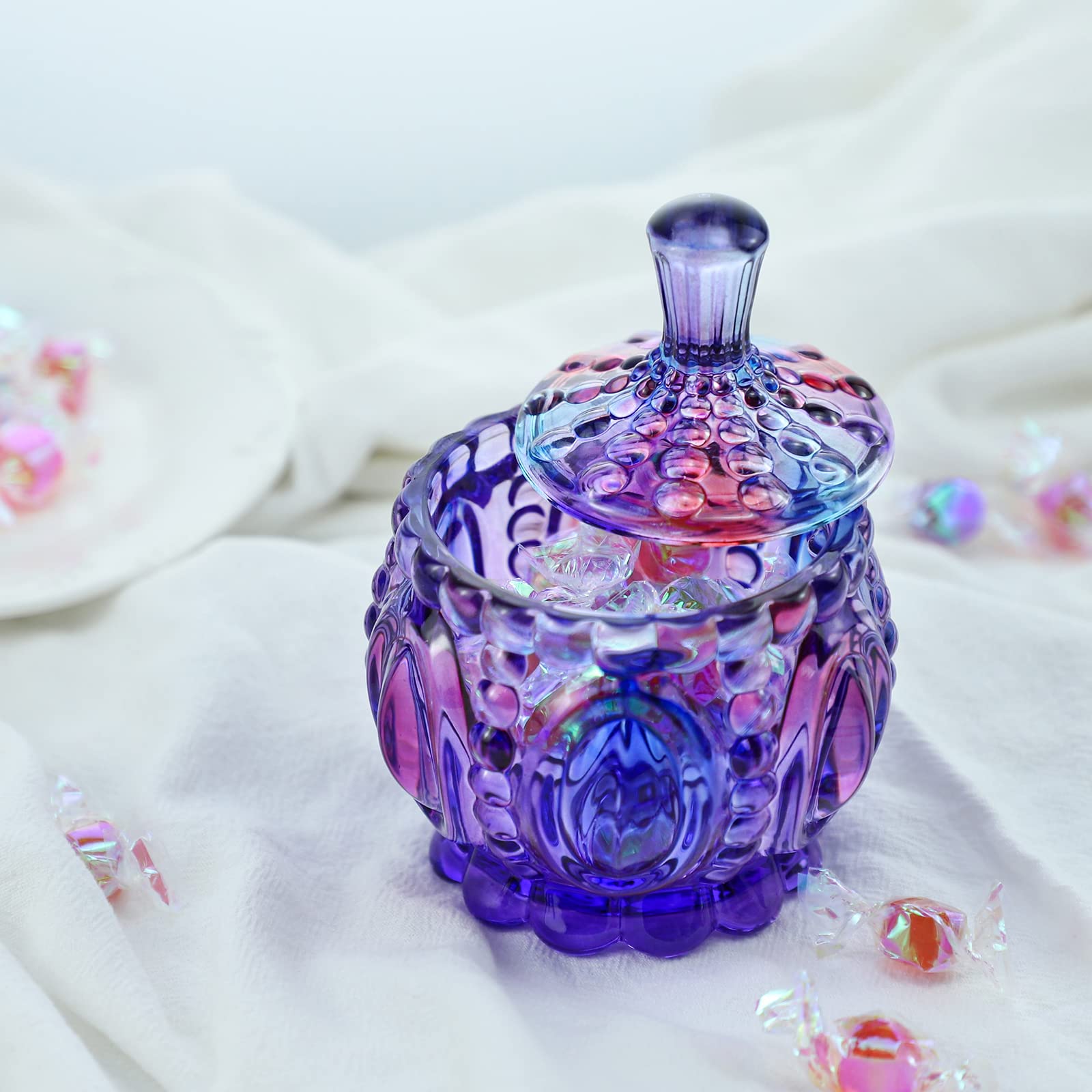 Royal Embossed Clear Glass Apothecary Jar with Lid - 7oz Candy, Jewelry & Food Storage Container - Wedding Buffet, Home Decor, Kitchen Organization (Pumpkin, Purple)