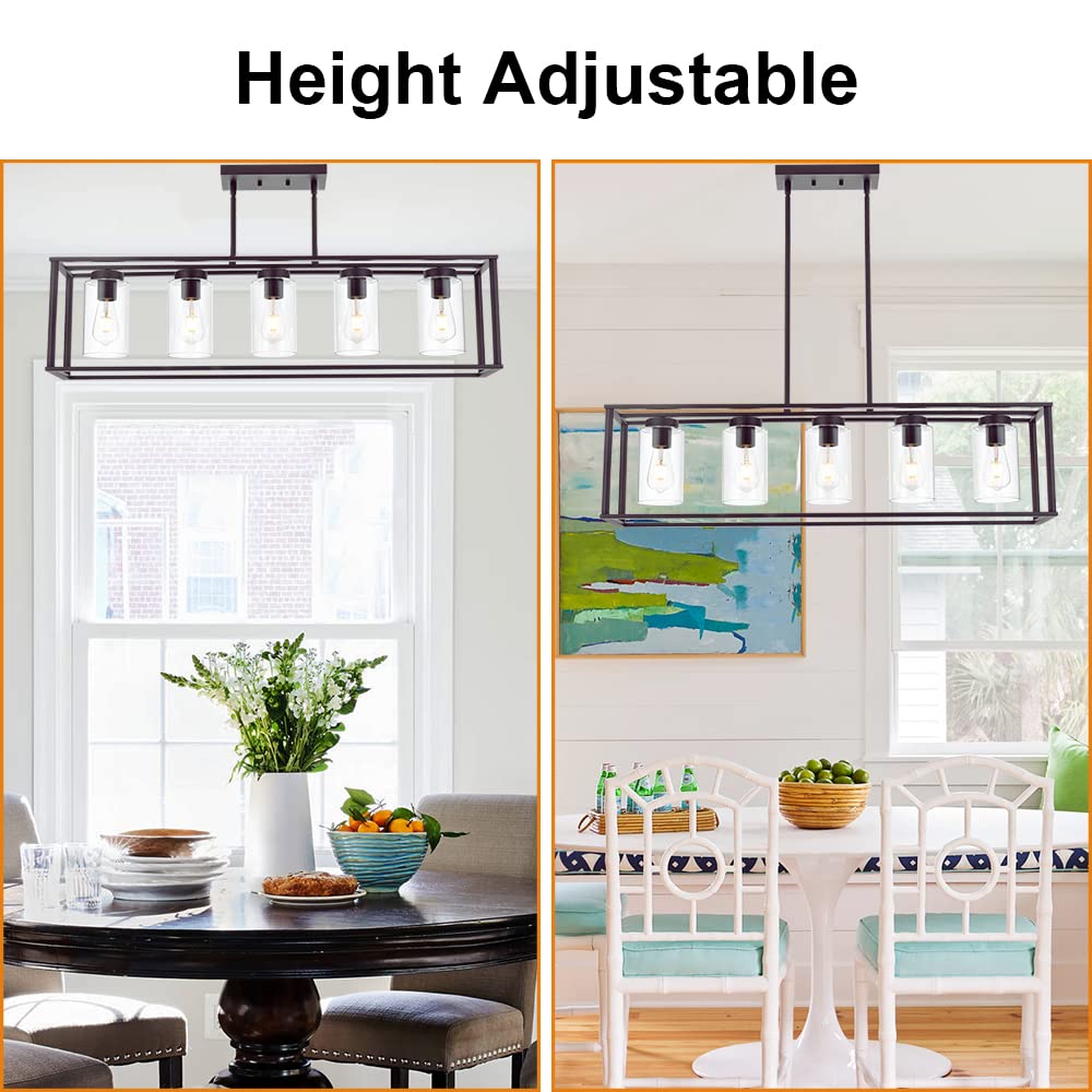 VINLUZ 5-Light Modern Linear Kitchen Island Chandelier - Oil Rubbed Bronze Cage Pendant Light with Clear Glass Shades - Farmhouse Ceiling Lighting Fixture for Dining Room, Living Room & Kitchen Island Decor