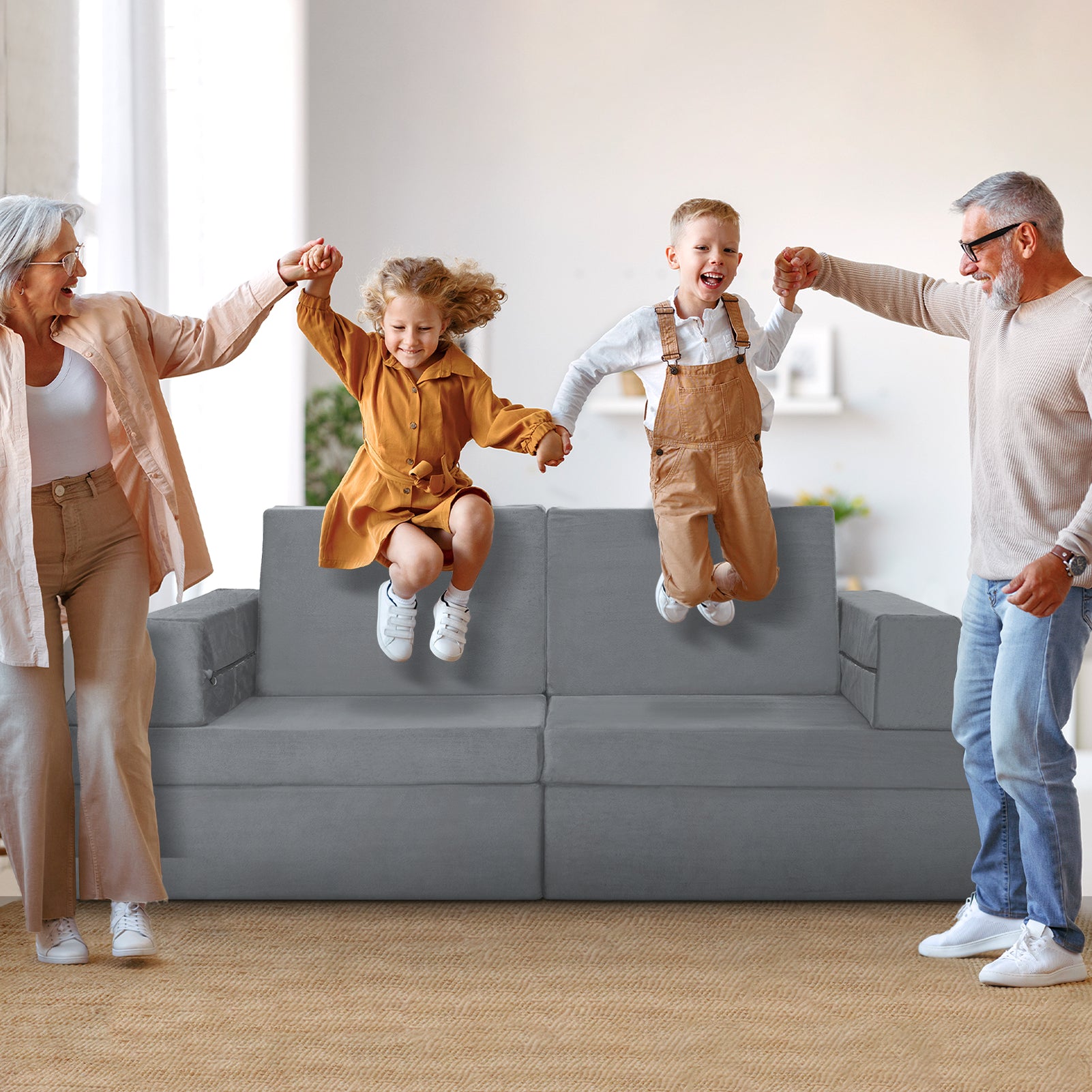 MAXYOYO 10-Piece Modular Convertible Kids Play Couch Sofa Set with Removable Soft Velvet Covers (Grey) - Perfect for Playrooms, Daycare Centers & Family Living Rooms