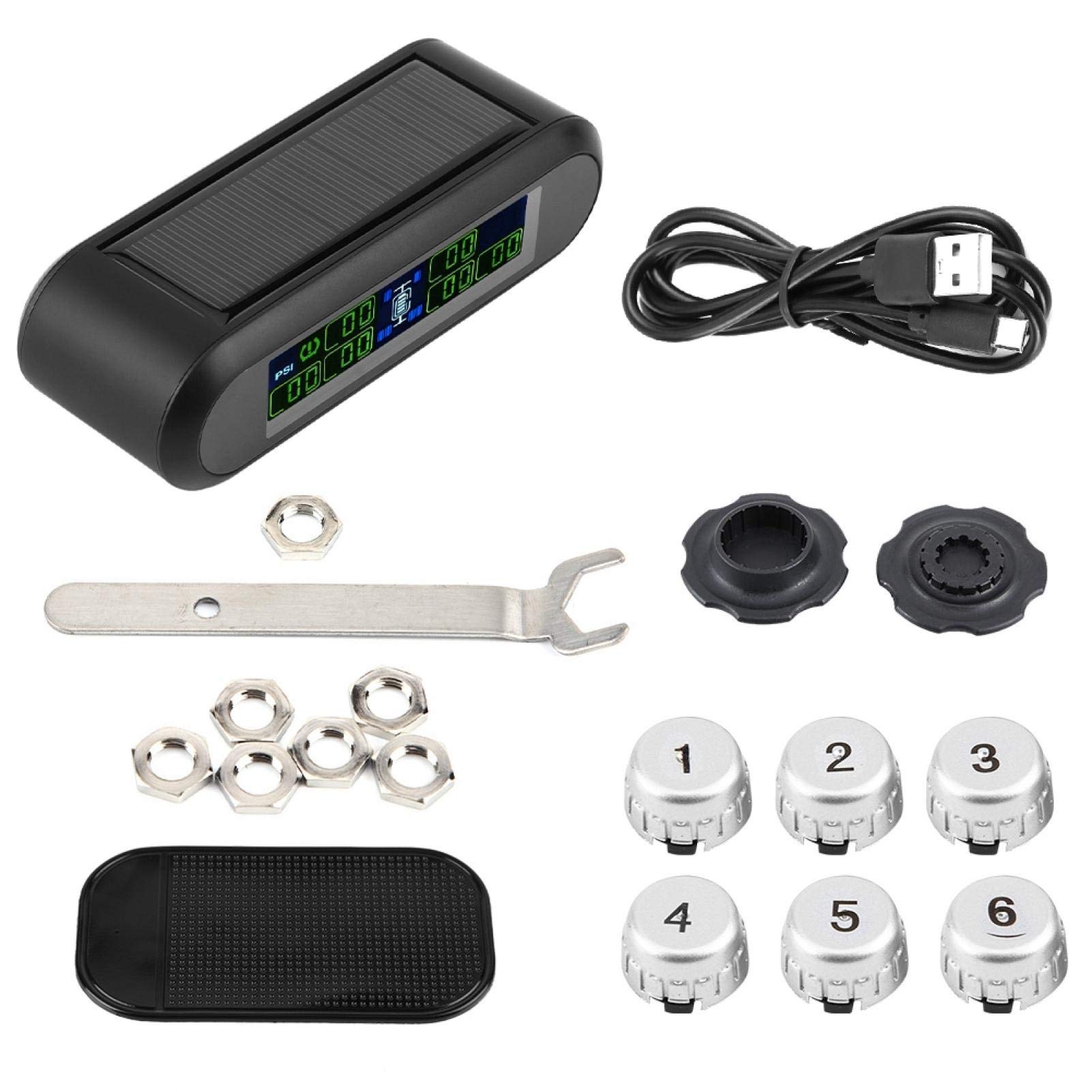 Akozon Wireless Solar TPMS LCD Monitor with 6 External Sensors - Real-Time Car Tire Pressure Monitoring System with Alarm | Perfect for SUVs, Trucks & Long-Distance Driving Safety
