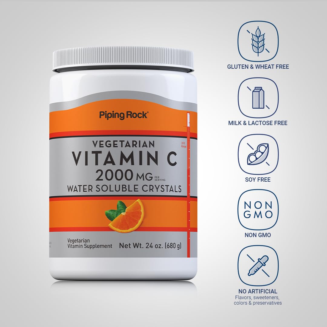 Piping Rock Vitamin C Powder 24 oz | 2000mg Ascorbic Acid | Water Soluble Crystals | Vegetarian, Non-GMO, Gluten Free Dietary Supplement | Immune Support & Skin Health | Perfect for Smoothies & Wellness Drinks