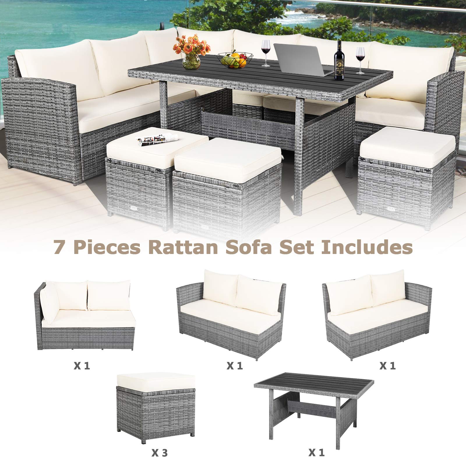 HAPPYGRILL 7-Piece Rattan Patio Furniture Set with Cushions - PE Wicker Outdoor Sofa, Dining Table & Ottomans for Backyard, Poolside, Balcony, Garden - Perfect for Relaxing, Entertaining & Outdoor Dining
